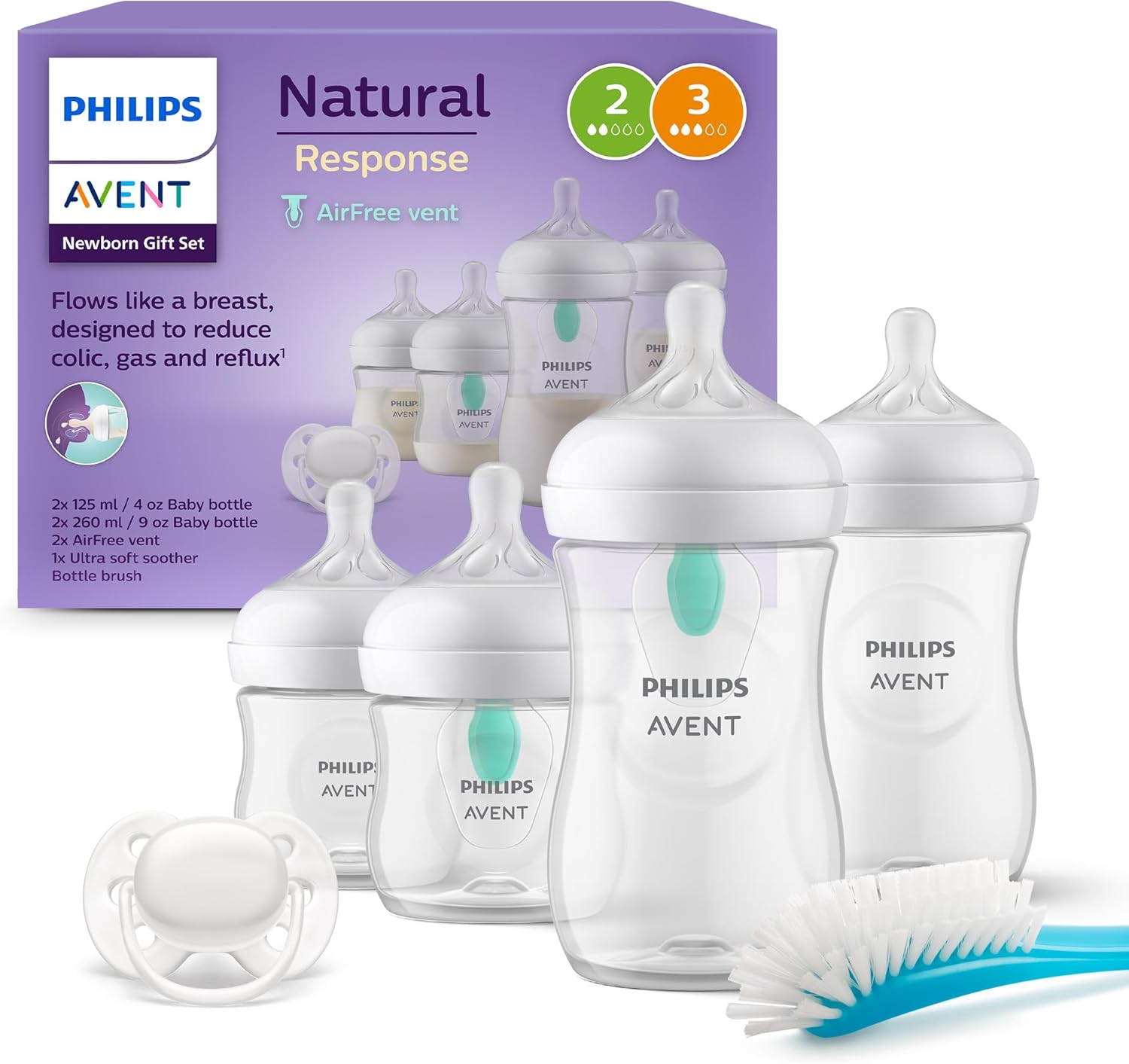 Philips Avent Set de presente para recém-nascidos: 4 biberões com sistema AirFree, chupeta ultra macia e escova, 0-12 meses (modelo SCD657/11)