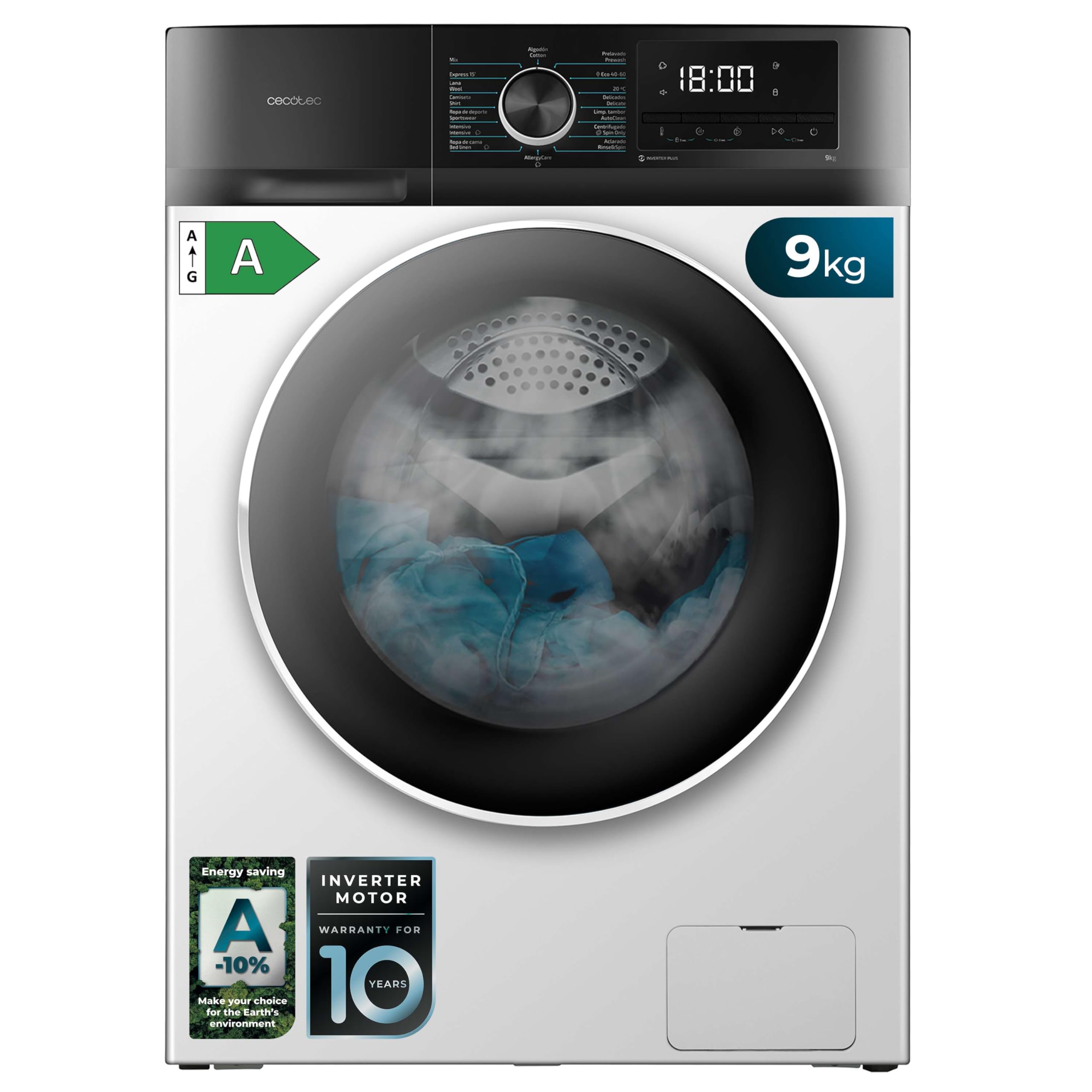 Cecotec Máquina de lavar 8 kg carga frontal Bolero Dresscode 8500 Inverter Steel A. 1900W, 1400 rpm, Inverter Motor Plus, baixo consumo, 16 programas, SteamMax, Delay Start, aço