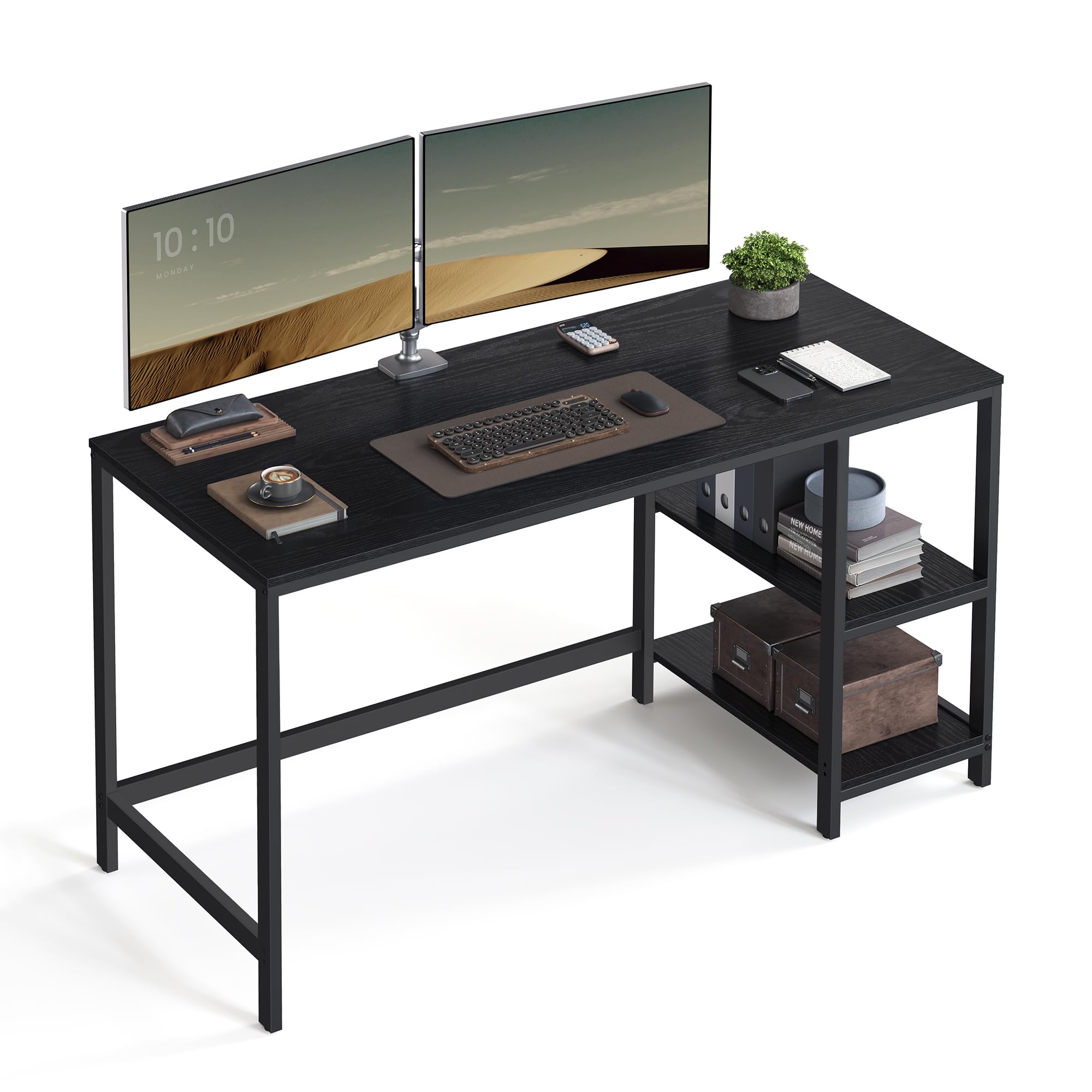 VASAGLE Secretária, mesa de computador, com 2 prateleiras à esquerda ou à direita, para escritório, quarto, estrutura de aço, industrial, castanho rústico e preto LWD47X