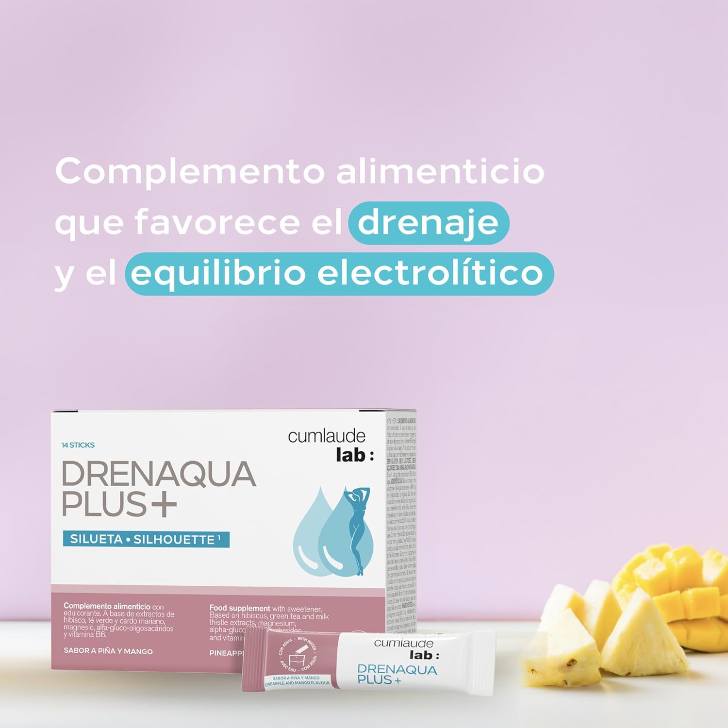 Cumlaude Lab - Drenaqua Plus+, complemento alimentar, ajuda à drenagem e retenção de líquidos, com chá verde, ibisco, pré-biótico, cardo mariano, magnésio e vitamina, sabor ananás e manga - 14 Sticks
