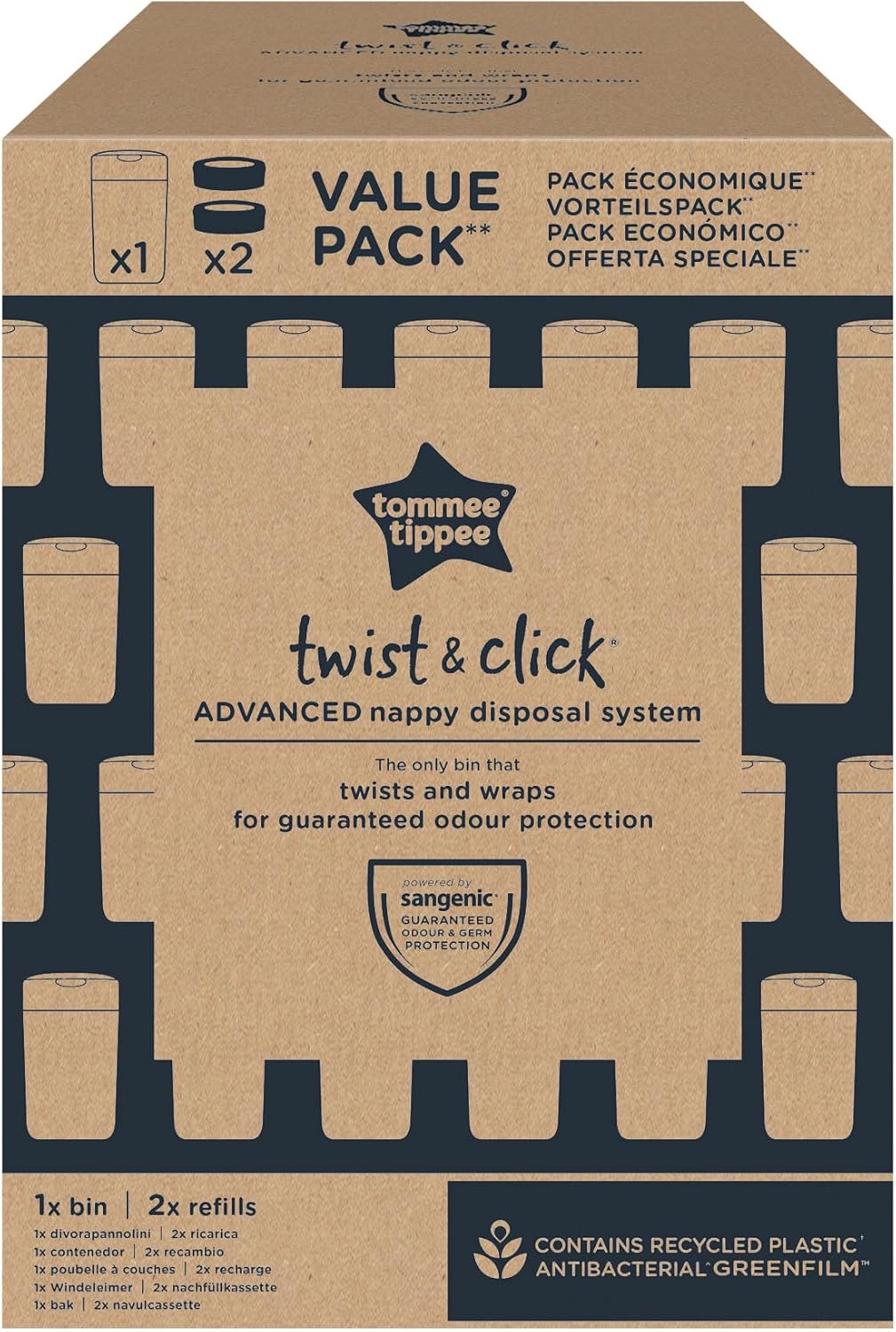 Tommee Tippee Recipiente para fraldas Twist & Click, pack exclusivo com x 2 peças de reposição incluídas, proteção garantida contra maus odores e germes, grande capacidade