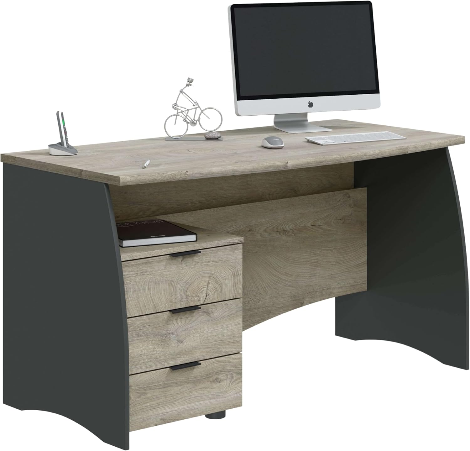 Habitdesign Mesa de escritório com 3 gavetas, mesa de escritório ou estúdio, modelo Stil, acabamento em cinzento antracite e carvalho Alasca, medidas: 136 cm (largura) x 67 cm (fundo) x 74 cm (altura)