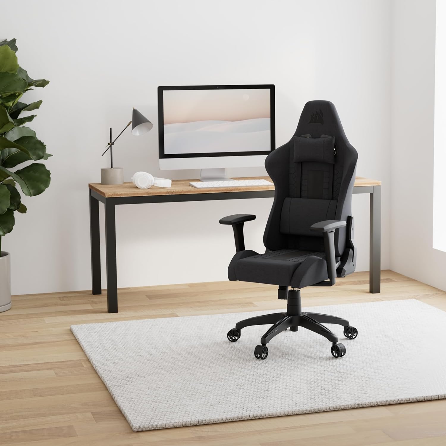 Corsair TC100 Cadeira relaxada para jogos - Fabric - design inspirado em corridas - almofada lombar - almofada cervical removível de espuma viscoelástico - apoios de braços ajustáveis - cinzento e