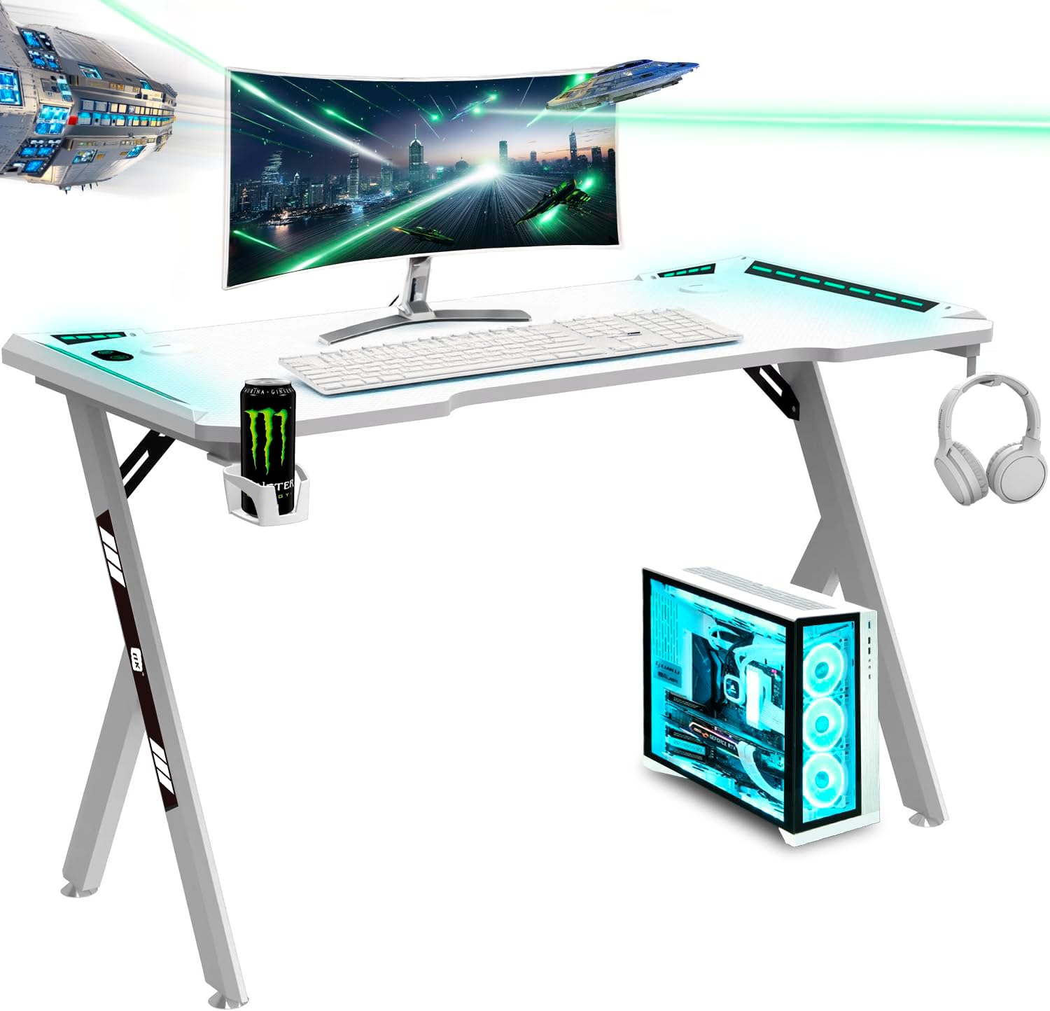 NK Mesa de secretária de jogos com LED (120 x 60 cm), porta-copos e garrafas, suporte para auriculares/capacetes, gestão de cabos, Gaming Desk, tabela de 1,5 cm (resistência) peso máximo 100 kg