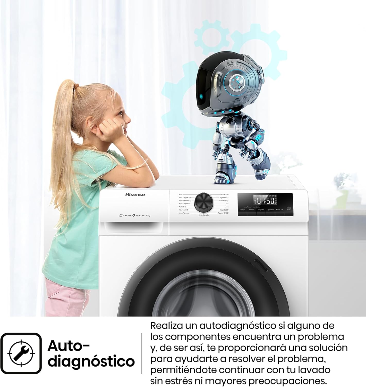 Hisense WF1Q8041BW2 - Máquina de lavar roupa, classe A, 8 kg, 1400 rpm, altura 85 cm x largura 60 cm, branco, função de vapor 99,9%, lavagem rápida, lavagem automática, conclusão diferida, Tecnologia