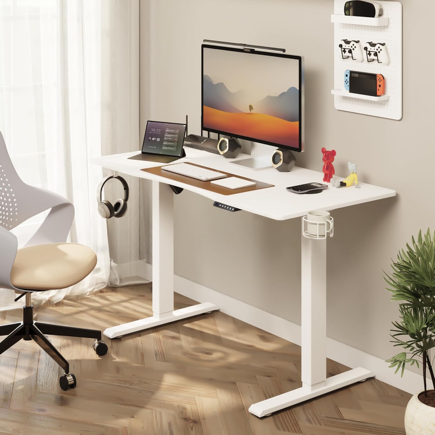 Mondeer Secretária sentada em pé, mesa elétrica regulável em altura 120 x 60 cm, com painel de controlo com funções de memórias para estudar quarto de trabalho, branco