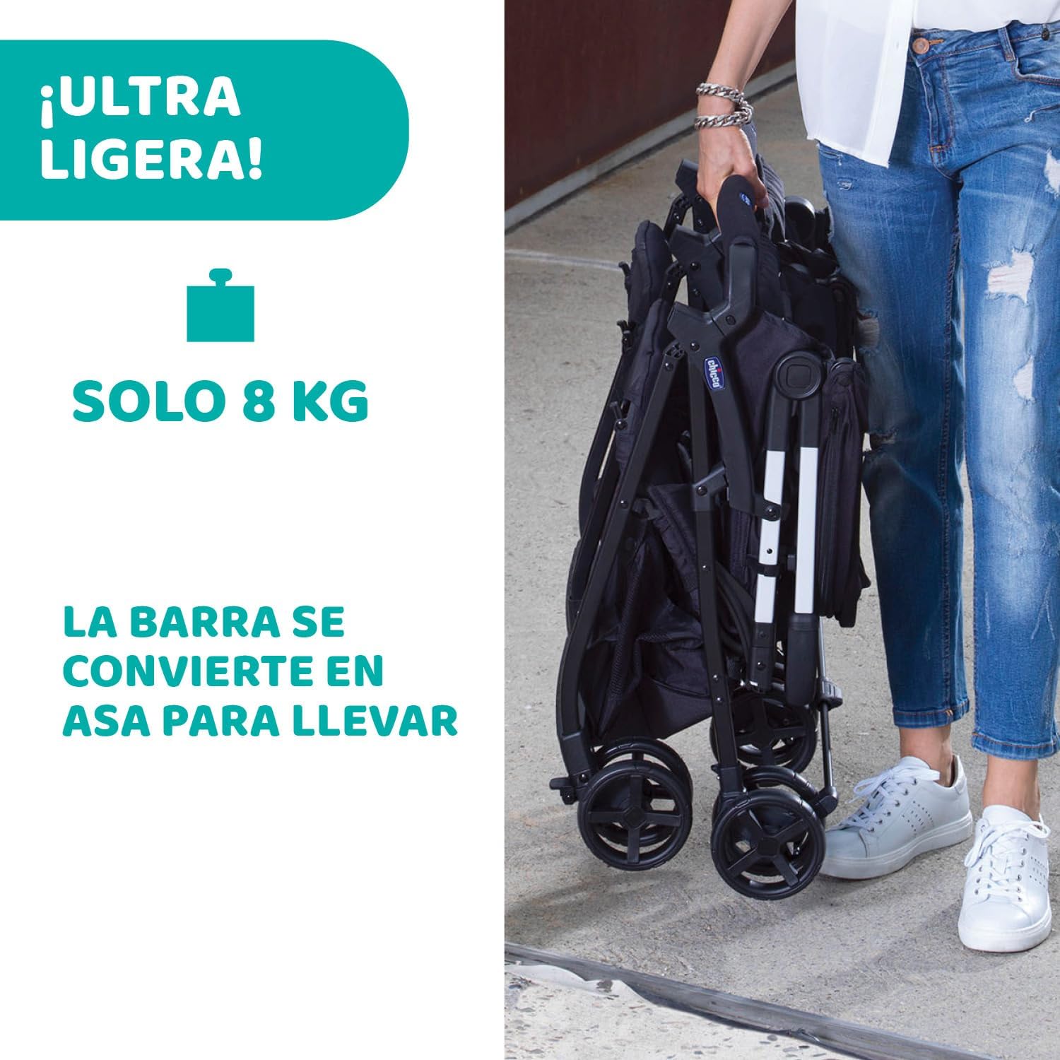 Chicco OHlalà Twin Cadeira de passeio gémeas de 0 meses a 15 kg, para botões de punho e irmãos, carrinho duplo reclinável e dobrável, leve, dobrável compacto, cobertura de chuva - cor preta