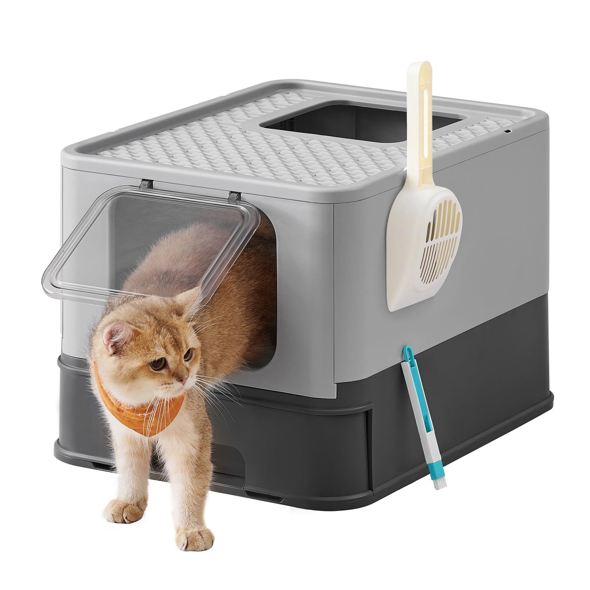 Feandrea Areia para gatos, caixa de areia com bandeja removível, pá, escova, espaço para gatos grandes, carga de 15 kg, anti-filtração, anti-fugas, bege e preto PPT001W01