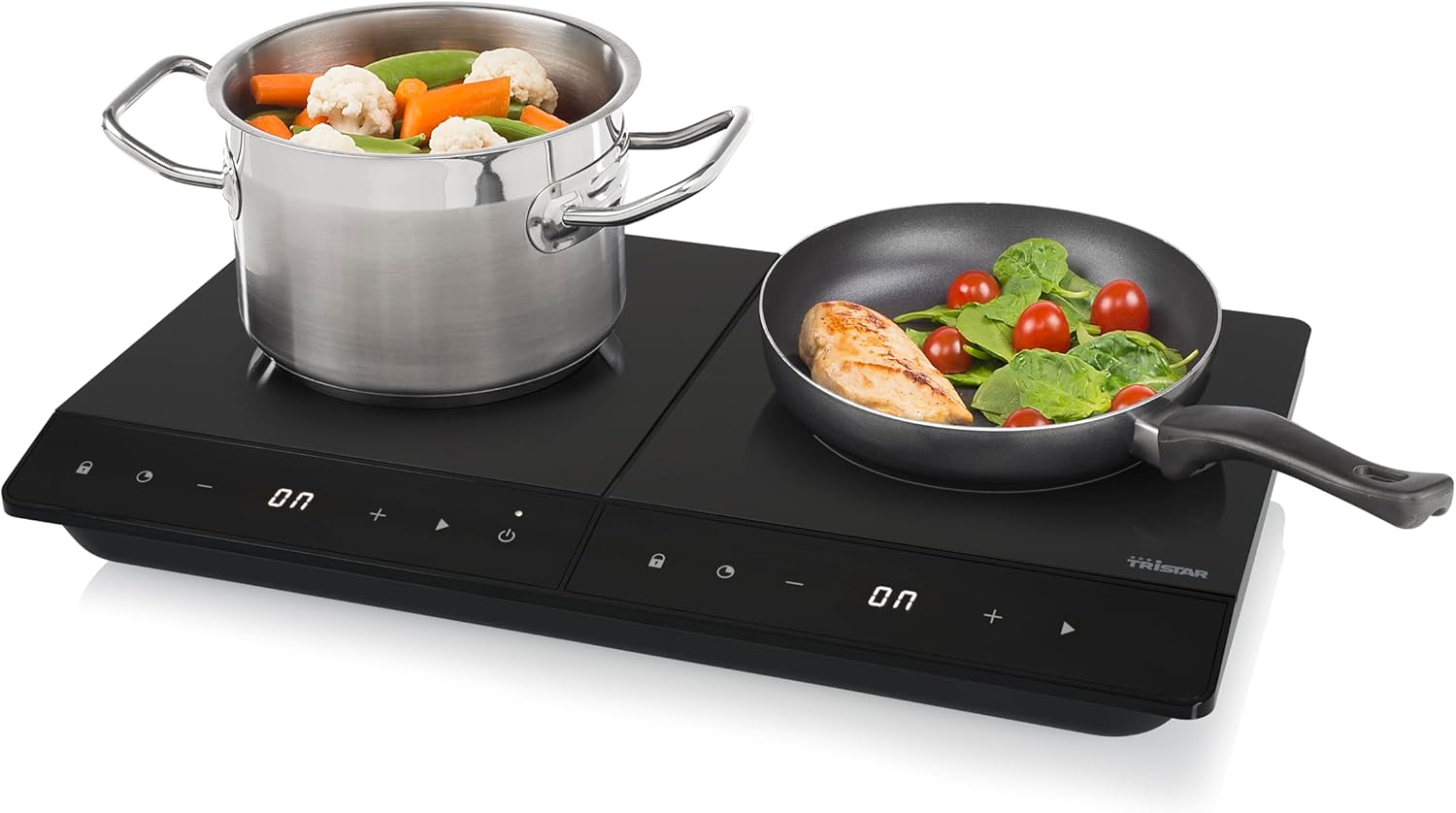 Tristar Placa de inducción doble, ⌀19 y ⌀16 cm, 10 niveles de potencia, 3500 W, de bajo consumo, temporizador integrado, con protección contra sobrecalentamiento, IK-6162