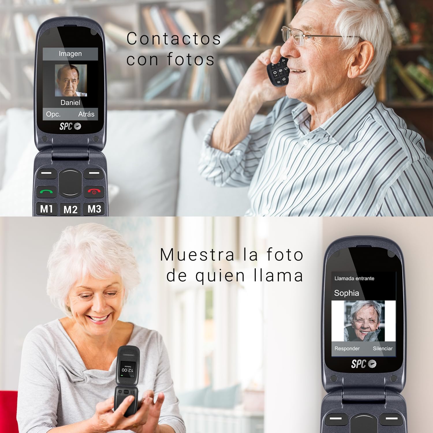 SPC Harmony - Telemóvel para idosos, telemóveis com tampa, teclas grandes, volume alto 96dB, compatível com aparelhos auditivos, contactos com imagem, botão SUS, ecrã duplo (2,4" + 1,77") - preto