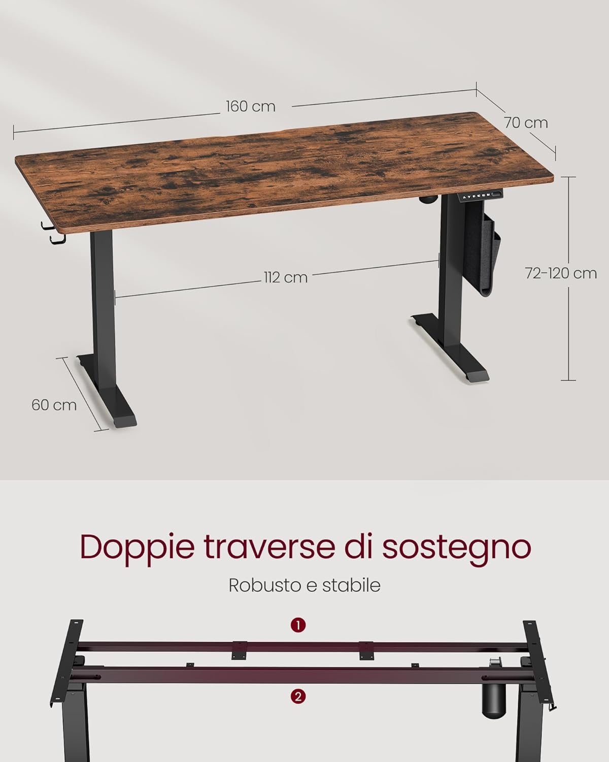 VASAGLE Secretária elétrica de altura regulável, 70 x 160 x (72-120), ajuste contínuo, função de memória com 4 alturas, castanho rústico LSD176X01