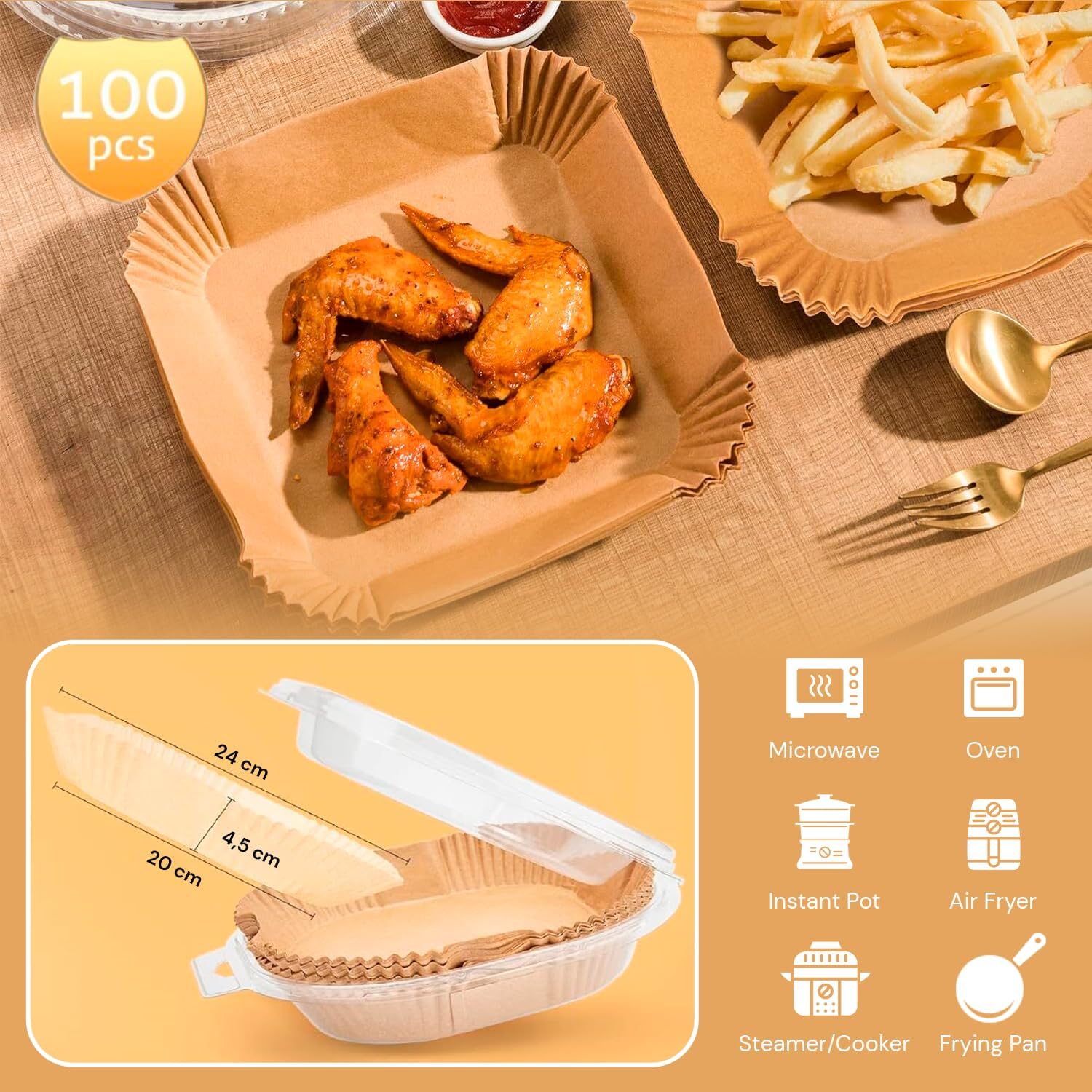 edihome, Papel de fritadeira de ar, Fryer Air, 100 unidades, 20-24 cm, BPA Free, descartável, para forno, acessórios para fritadeira sem óleo de 5 a 8 litros (20-24 cm, quadrado)