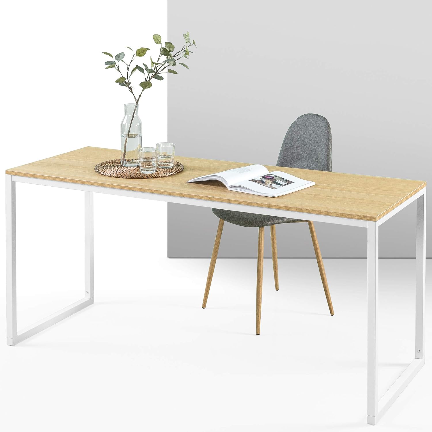Zinus Jennifer Mesa de escritorio 160x61x74 cm - Mesa de estudio moderna de metal y madera - Mesa de ordenador - Marrón y blanco