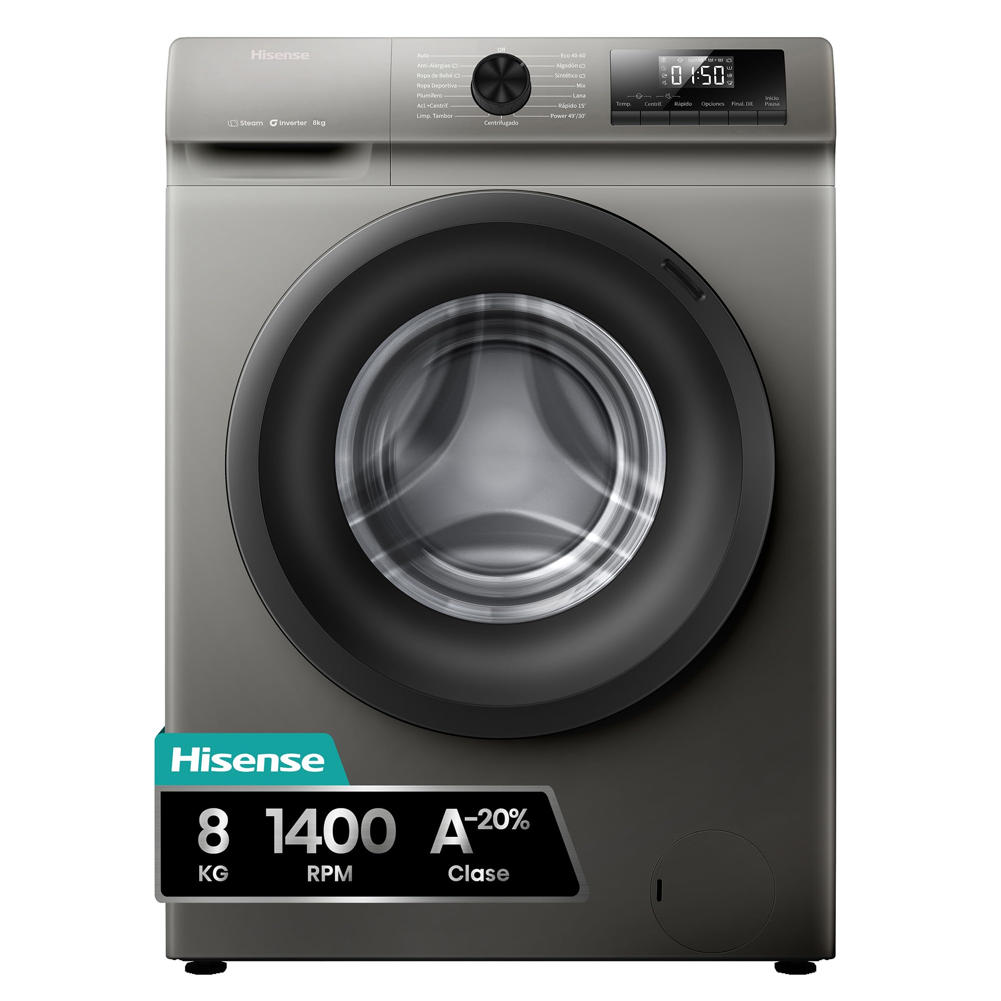 Hisense WF1Q8041BW2 - Máquina de lavar roupa, classe A, 8 kg, 1400 rpm, altura 85 cm x largura 60 cm, branco, função de vapor 99,9%, lavagem rápida, lavagem automática, conclusão diferida, Tecnologia