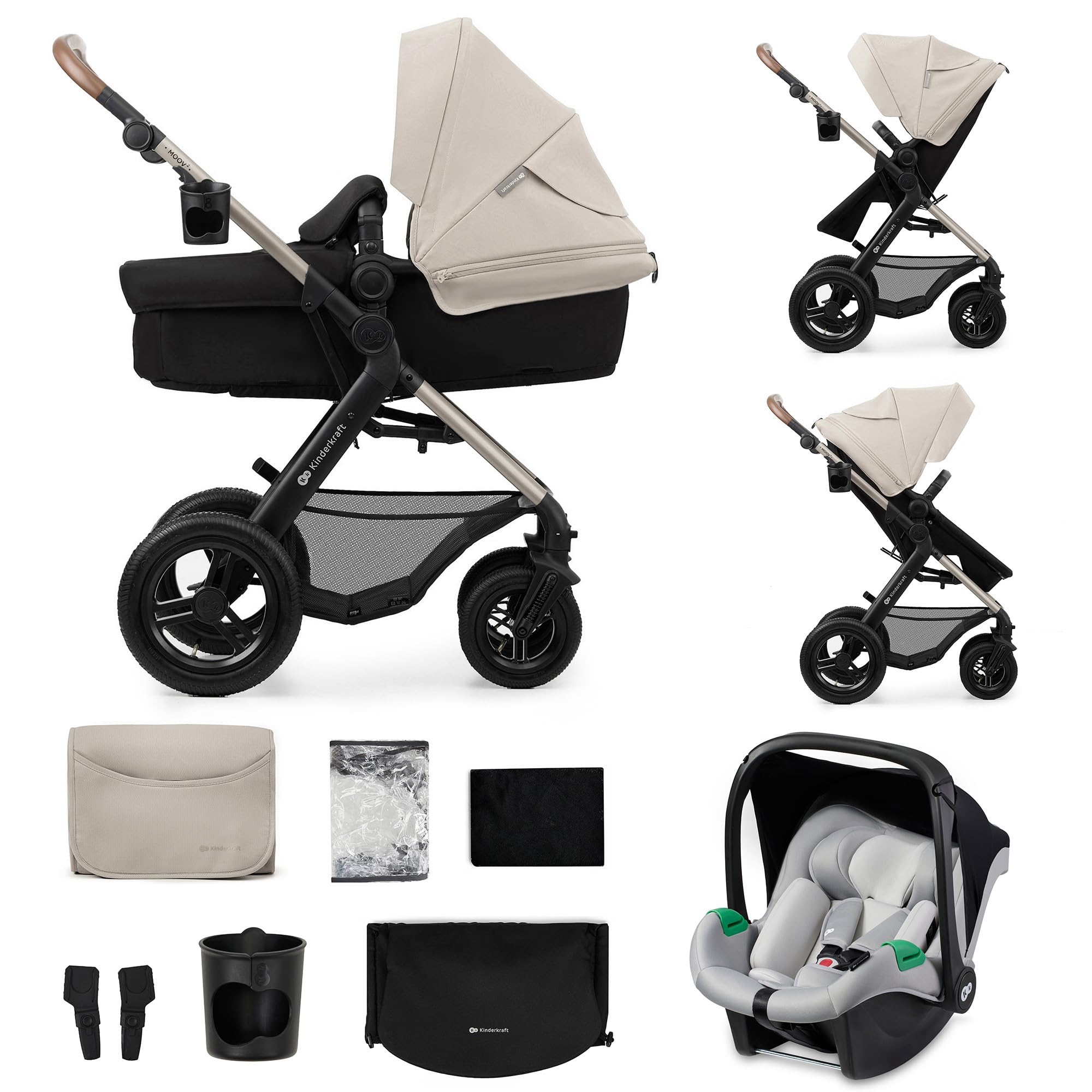 Kinderkraft MOOV2 Carrinho de bebé 3 em 1, EVA, Mink PRO I-Size, sistema de viagem, carrinho para bebé, carrinho de passeio, dobrável, para recém-nascido, desde o nascimento até aos 3 anos, cinzento
