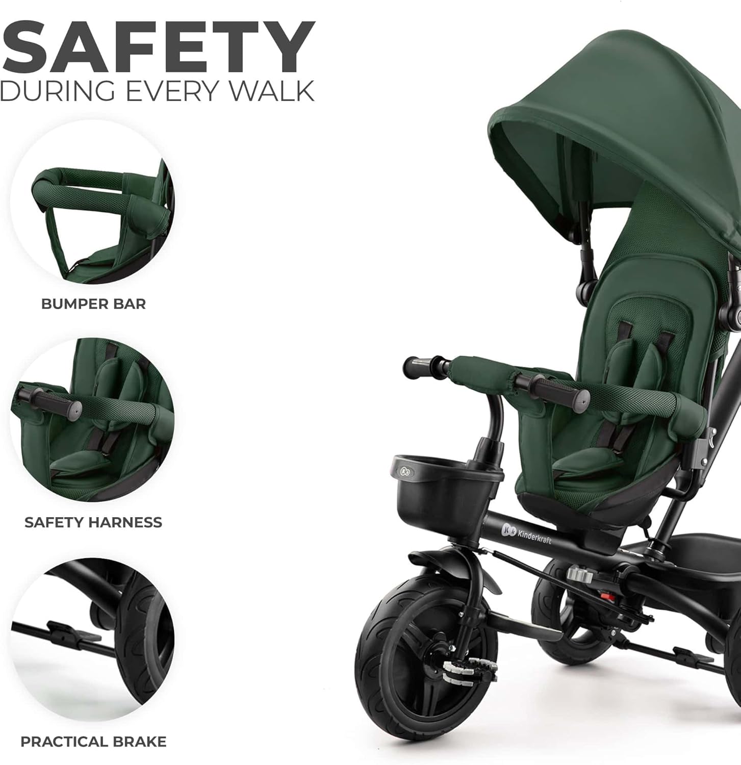 Kinderkraft AVEO Triciclo Bebé, Plegable, Trike, Bicicleta para Niños, Triciclo Evolutivo, Triciclo Sin Pedales, Bicicleta Bebe, Con Accesorios Práctico, Dos Cestas, 9 Meses a 25 kg, Verde