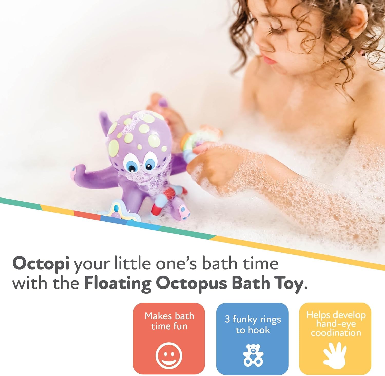 Nuby - Polvo flutuante com 3 anéis para banheira - brinquedos casa de banho bebé interativos e sensoriais - estimula a coordenação mão-olho, a destreza e o jogo criativo - adequado desde 18 meses