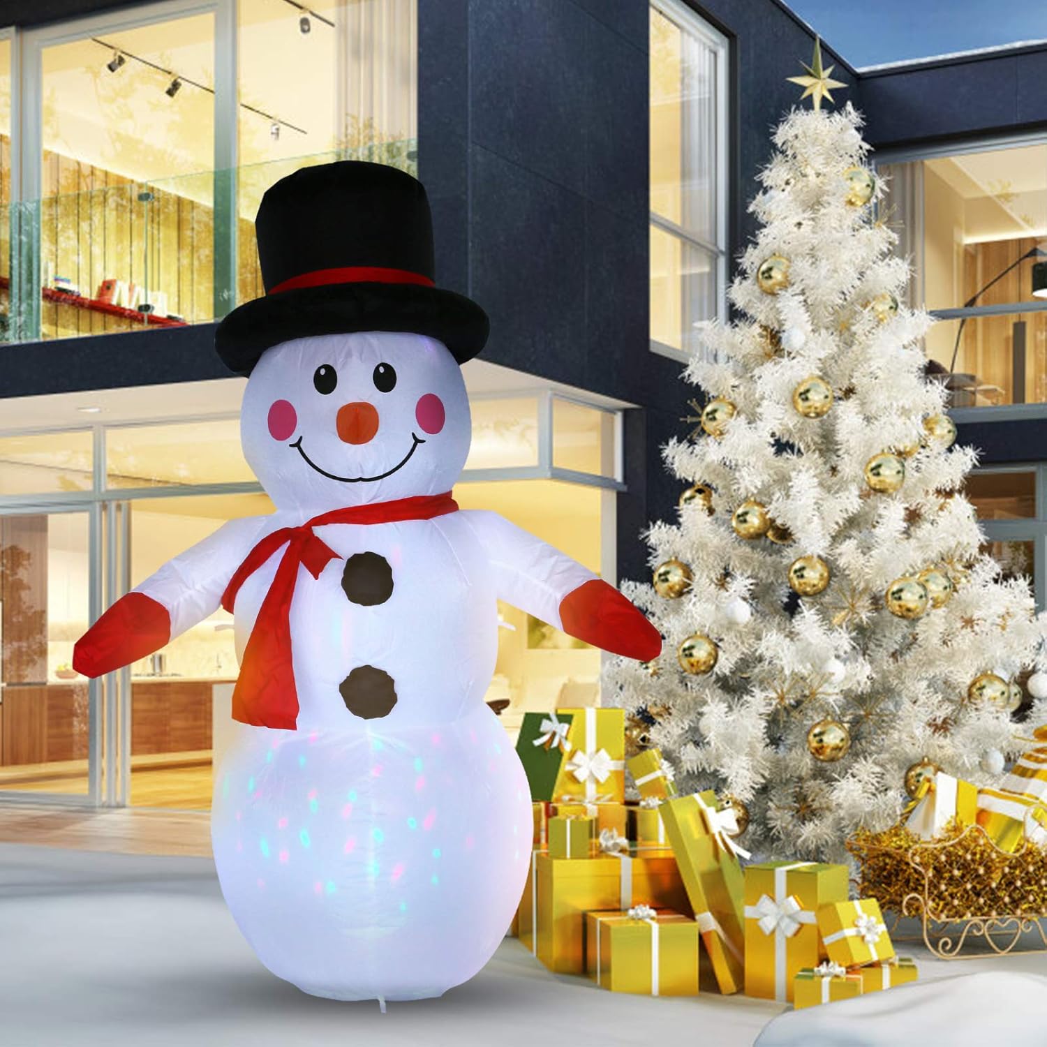 120 CM Muñeco de Nieve Inflable, Uten 4 Pies Inflable Muñeco de Navideño Nieve con Luz LED, IP44 Decoración Navideña Inflable Impermeable con Cuerda de Clavos Fija Apto para Interior y Exterior