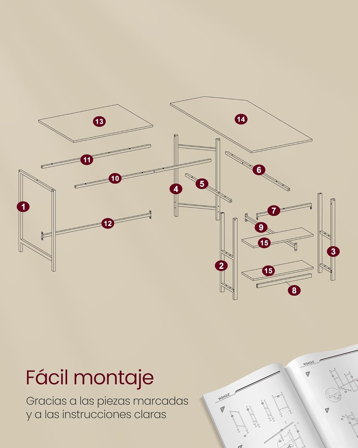 VASAGLE Secretária, mesa de computador em forma de L, 120 x 130 x 76 cm, esquina com 2 prateleiras, economiza espaço, para escritório casa, jogos, castanho rústico e preto tinta LWD123K01