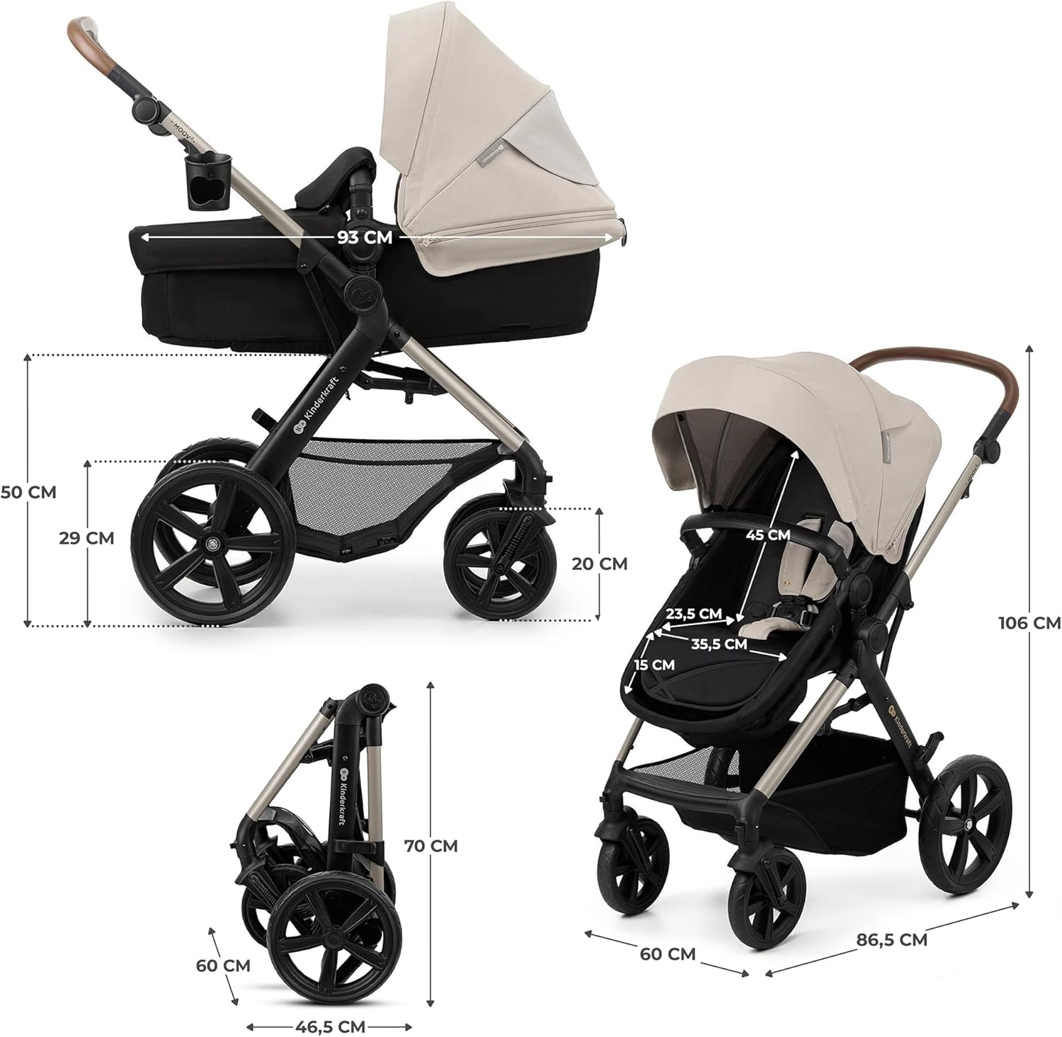 Kinderkraft MOOV2 Carrinho de bebé 3 em 1, EVA, Mink PRO I-Size, sistema de viagem, carrinho para bebé, carrinho de passeio, dobrável, para recém-nascido, desde o nascimento até aos 3 anos, cinzento