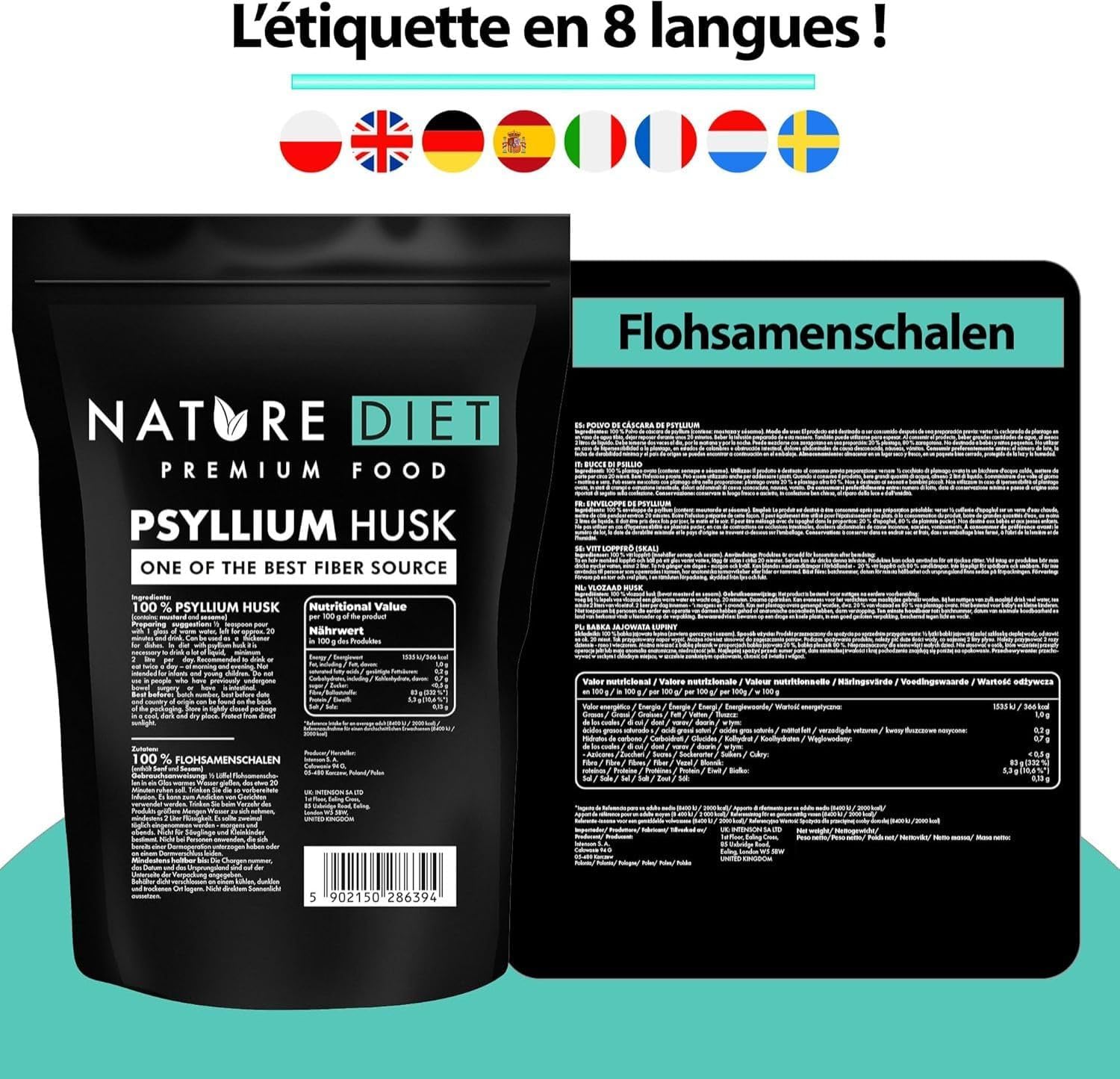 Nature Diet Casca de Psyllium 450 g | Alto em fibra, vegano, sem glúten e sem lactose, para dieta Keto & Low-Carb, ideal para bebidas e receitas