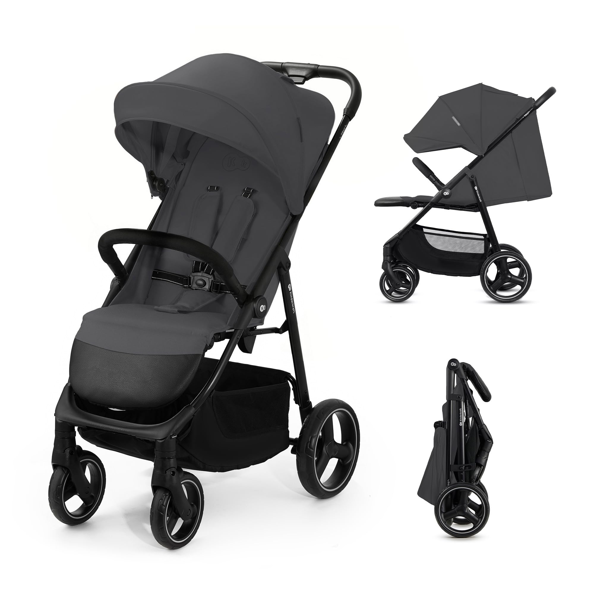 Kinderkraft TRIG 3, cadeira de passeio, leve e gerenciável, suspensão, cinto de 5 pontos, apoio para os pés, ajustável, carga máxima de 25 kg, preto