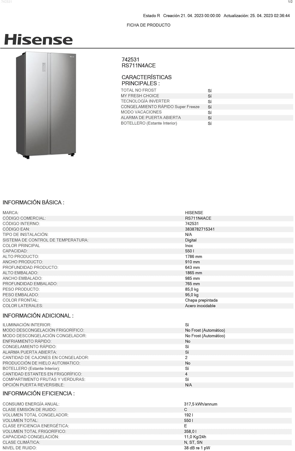 Hisense RS711N4ACE Frigorífico Side by Side, capacidade 547 l com 178,6 cm de altura, sem rost, super frio, alarme de porta aberta, modo de férias, Freezer Convert, baixo nível de ruído, classe E,