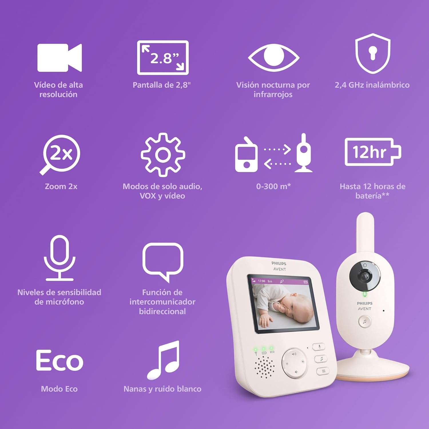 Philips Avent Vigilante para bebés com vídeo: Certificado DEKRA, privado e seguro com câmara e áudio, com ecrã de 2,8", Zoom 2X, visão noturna, áudio bidirecional e nanas, SCD881/26