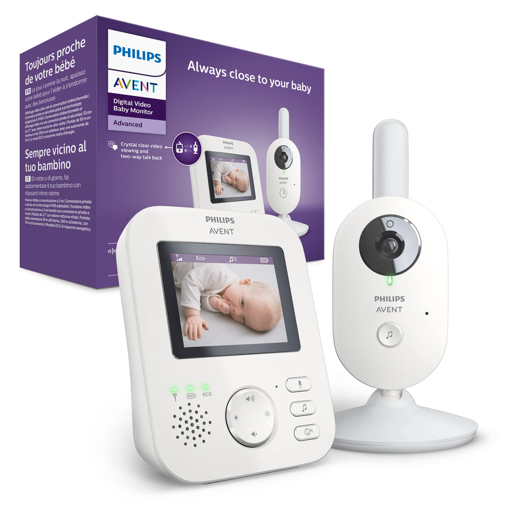 Philips Avent Vigilante para bebés com vídeo: Certificado DEKRA, privado e seguro com câmara e áudio, com ecrã de 2,8", Zoom 2X, visão noturna, áudio bidirecional e nanas, SCD881/26