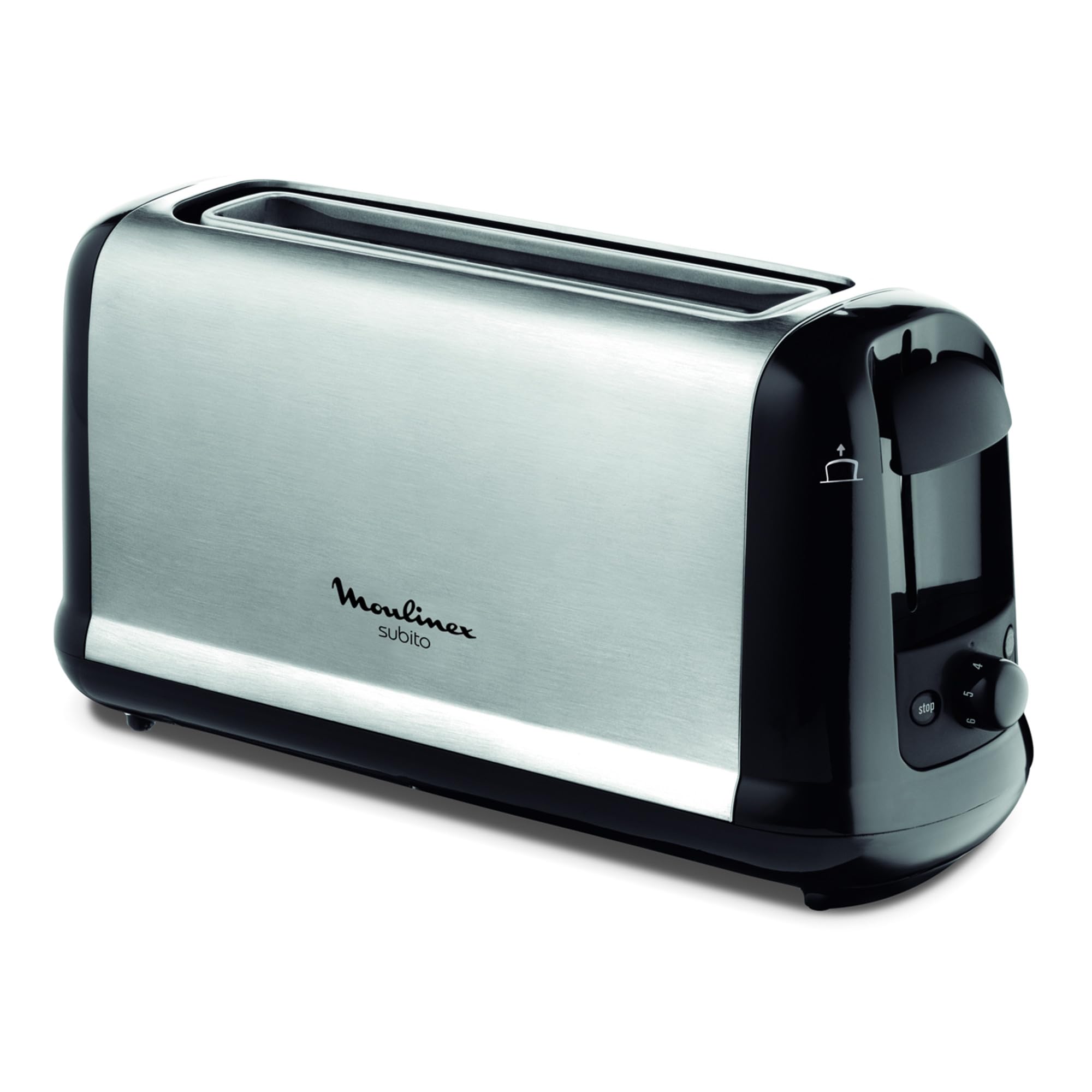 Moulinex Classic LS330D Torradeira de aço inoxidável, 2 ranhuras longas e largas, 1400 W, 6 posições torrada, função Stop e bandeja de recolha, para todos os tipos de pão normal, molde, artesão
