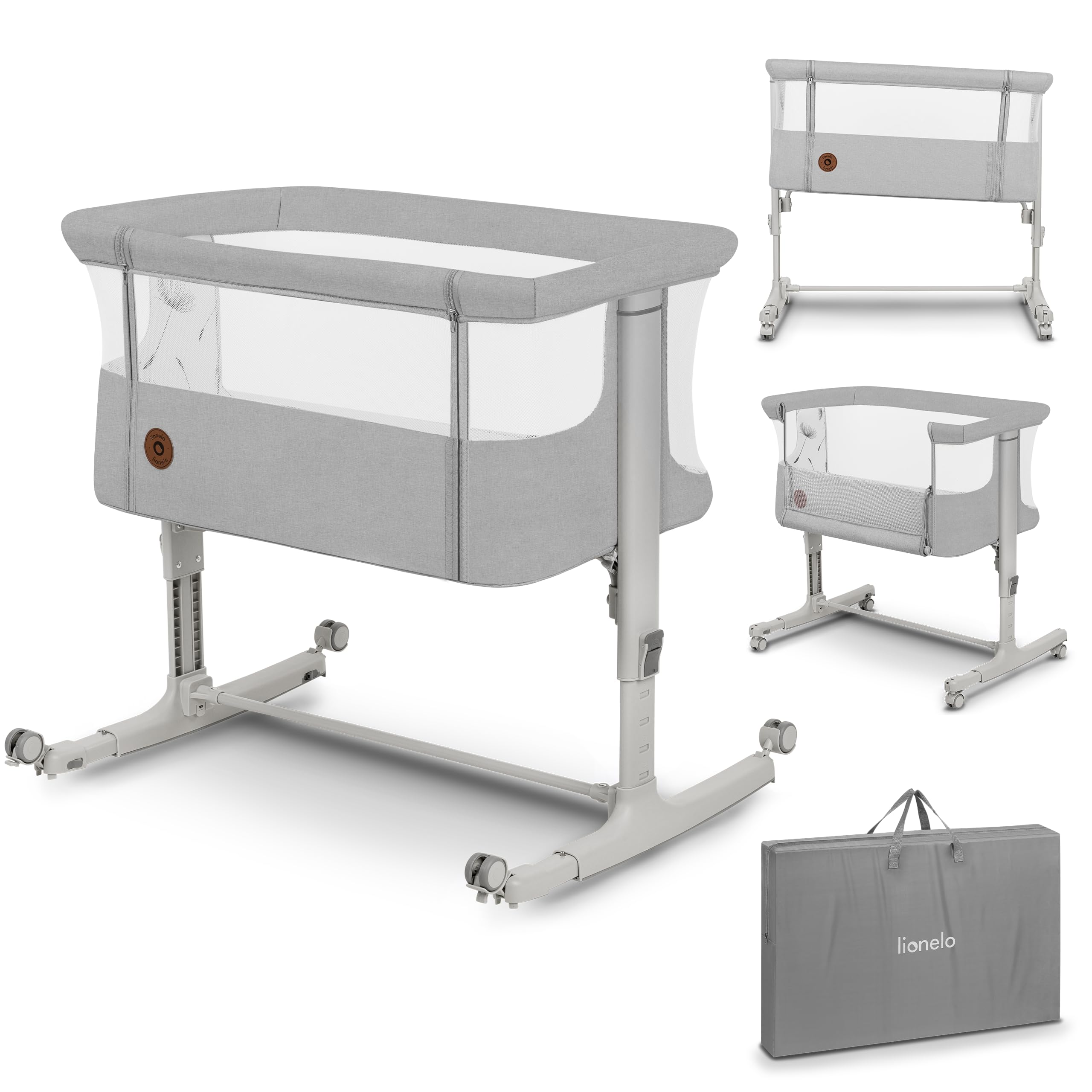 lionelo Aurora Berço de colecho 3 em 1 até 9 kg, berço de balanço, ajuste de altura e inclinação do colchão, 4 rodas com travão, colchão ergonómico, bolsa
