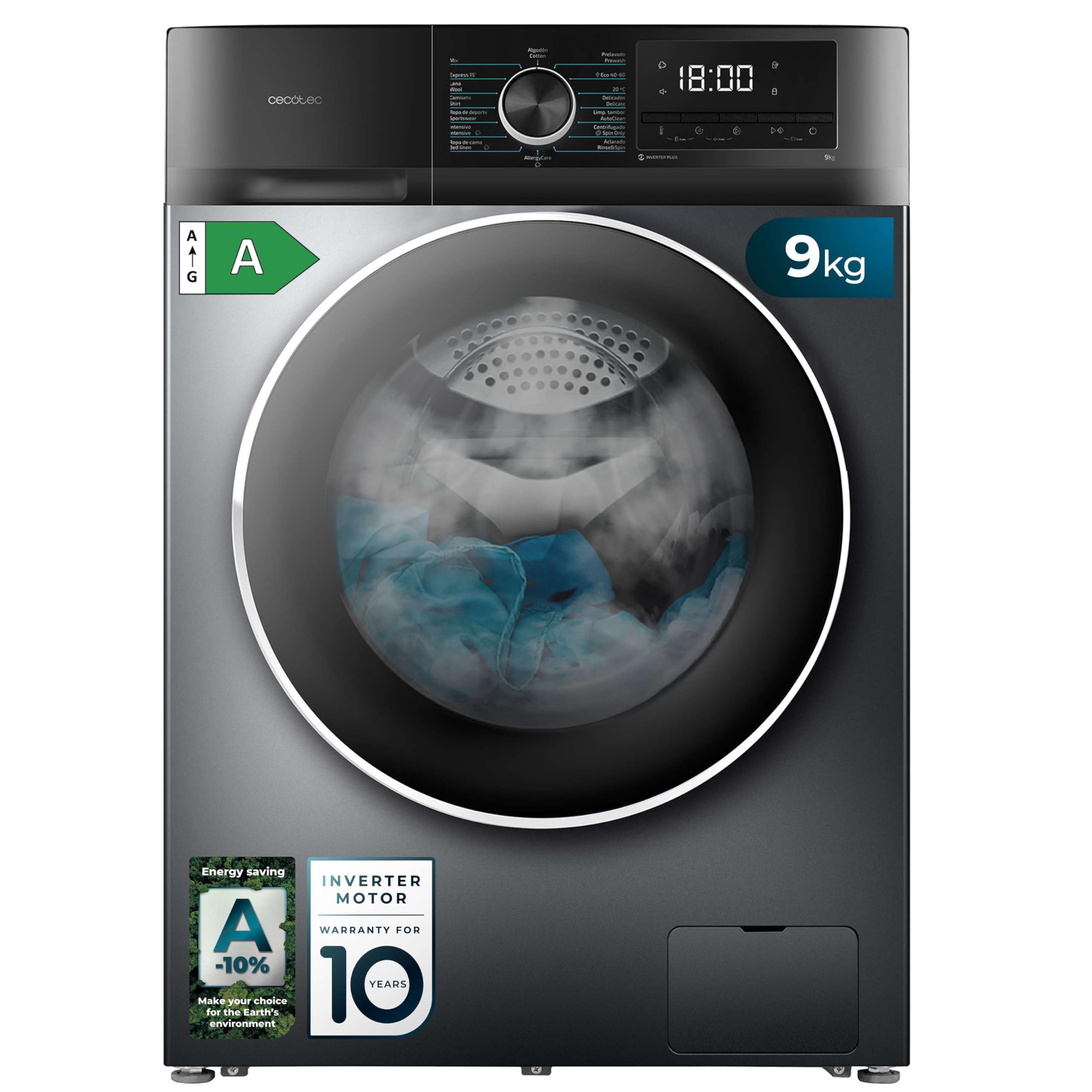 Cecotec Máquina de lavar 8 kg carga frontal Bolero Dresscode 8500 Inverter Steel A. 1900W, 1400 rpm, Inverter Motor Plus, baixo consumo, 16 programas, SteamMax, Delay Start, aço