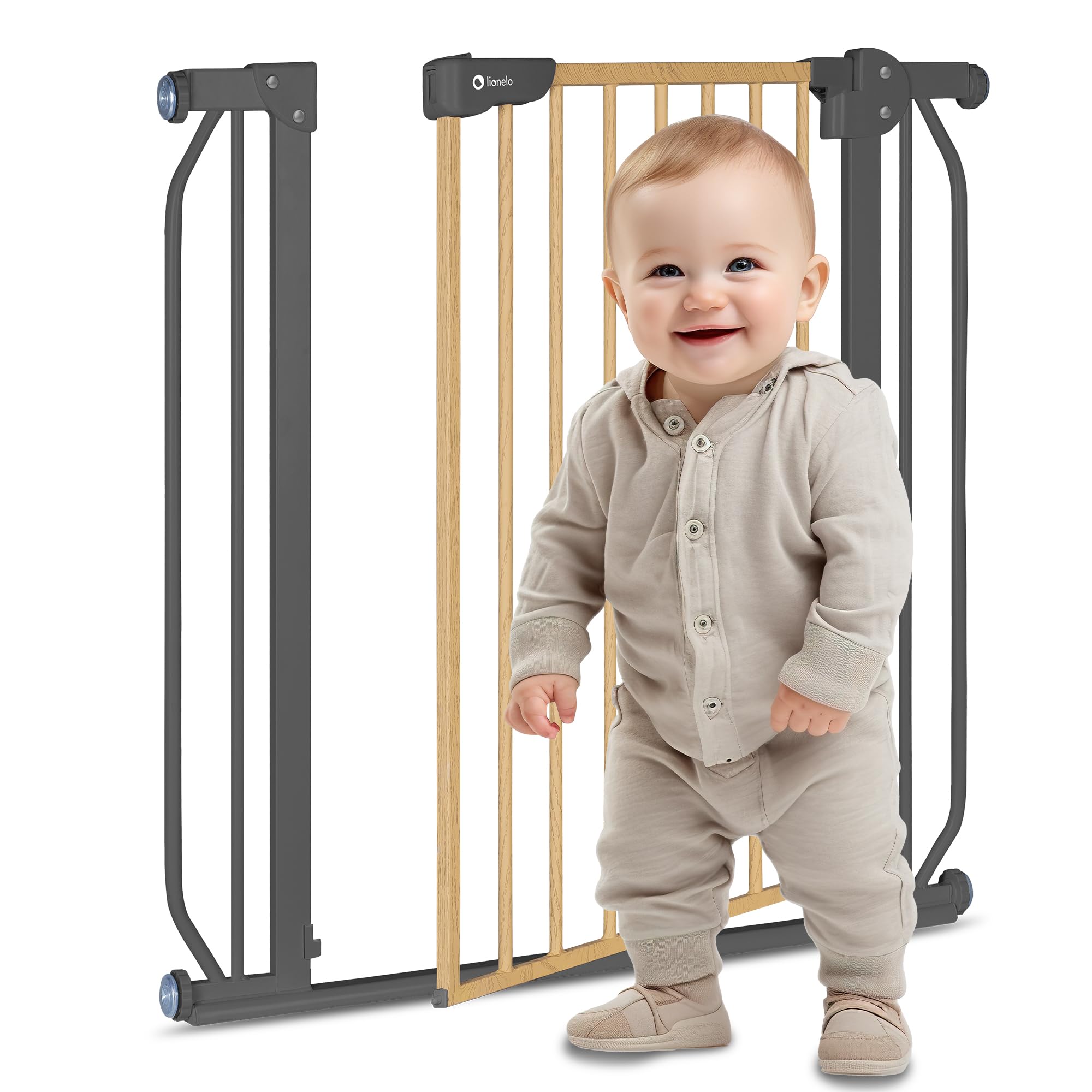 Lionelo Truus Slim Barreira de proteção 75 - 105 x 3 x 76,5 cm proteção dupla função AutoStop fecho automático fecho de fecho montagem simples cinzento