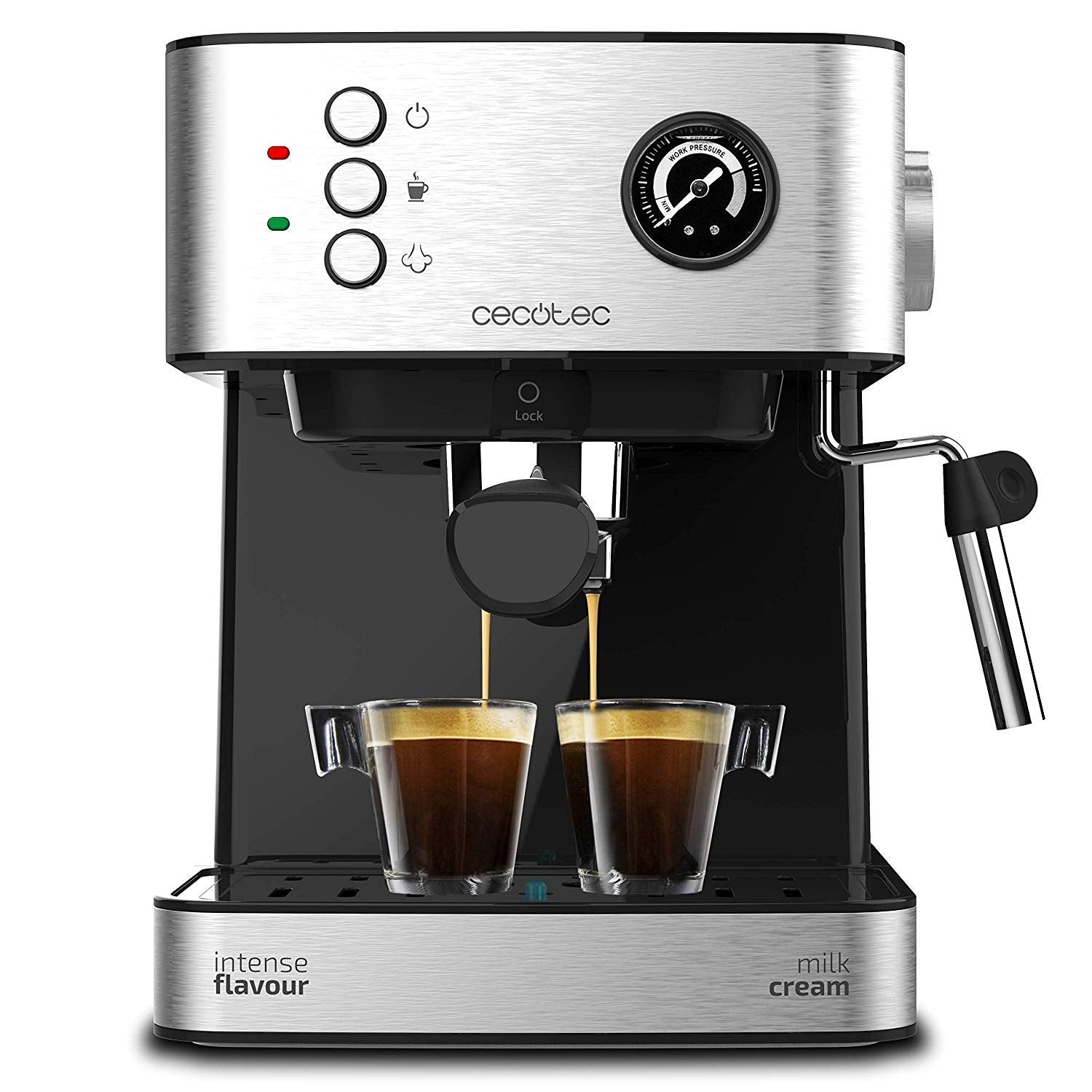 Cecotec Cafeteira Express manual Power Espresso 20 Essential. 850W, 20 bares, vaporizador orientável, braço de saída dupla, depósito de água 1,5 l, superfície de aquecimento, limpeza fácil