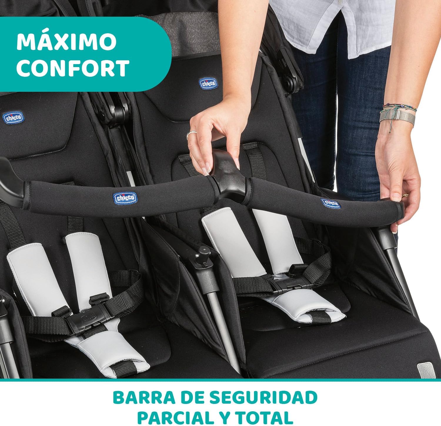 Chicco OHlalà Twin Cadeira de passeio gémeas de 0 meses a 15 kg, para botões de punho e irmãos, carrinho duplo reclinável e dobrável, leve, dobrável compacto, cobertura de chuva - cor preta