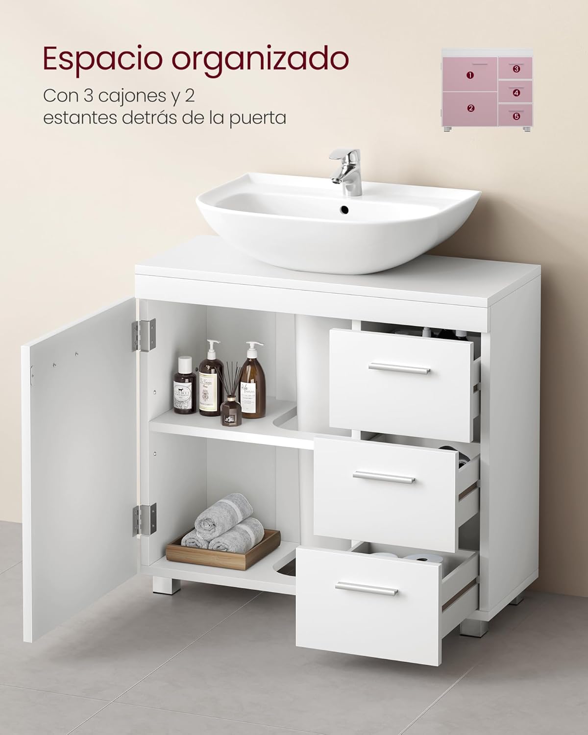 VASAGLE Móveis de lavatório baixo, armário de casa de banho, 3 gavetas, 2 compartimentos atrás da porta, adequado para lavatórios com pedestal, com pés, 30 x 70 x 64 cm, branca nuvem BBK504W01
