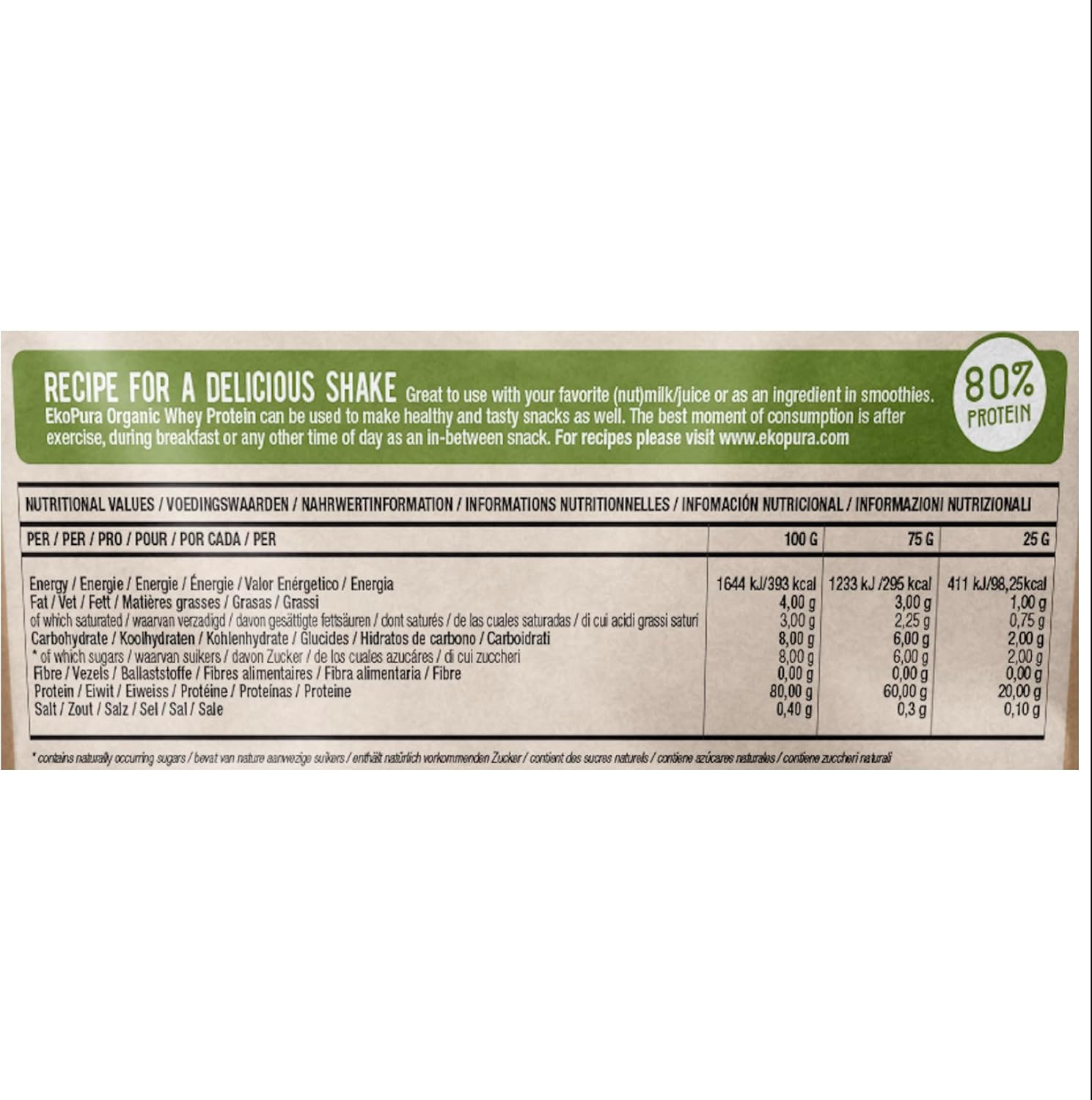 Organic Whey Protein - Purely Natural - 80% Proteína - Proteína de suero Orgánico - Sin Aditivos - Libre de GMO - Sin Soja - 500g