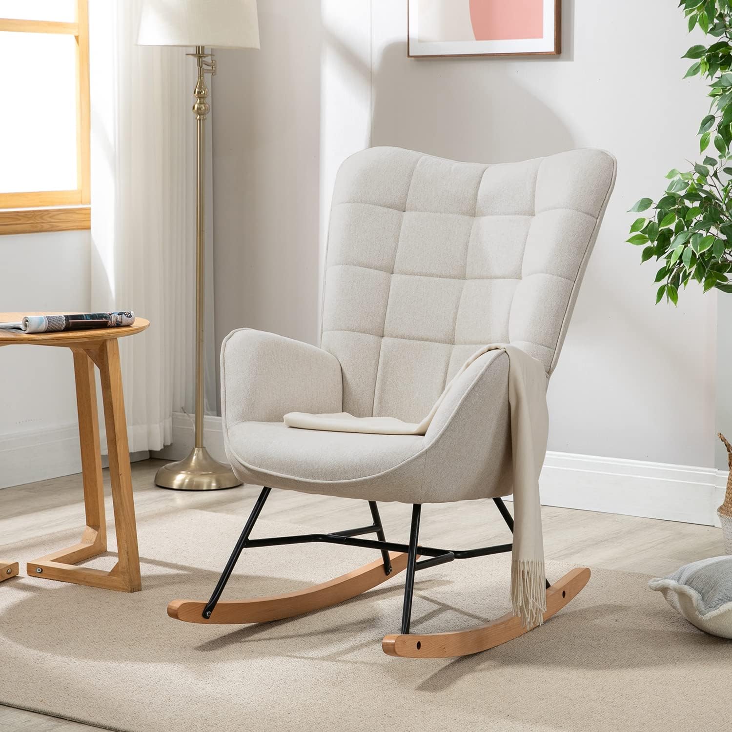 MEUBLE COSY Sillas Mecedora Escandinavo Sillón Relax Especial Lactancia para Salón Dormitorio Balcón Sala de Estudio, Tela, Madera Haya, Metal, Beige