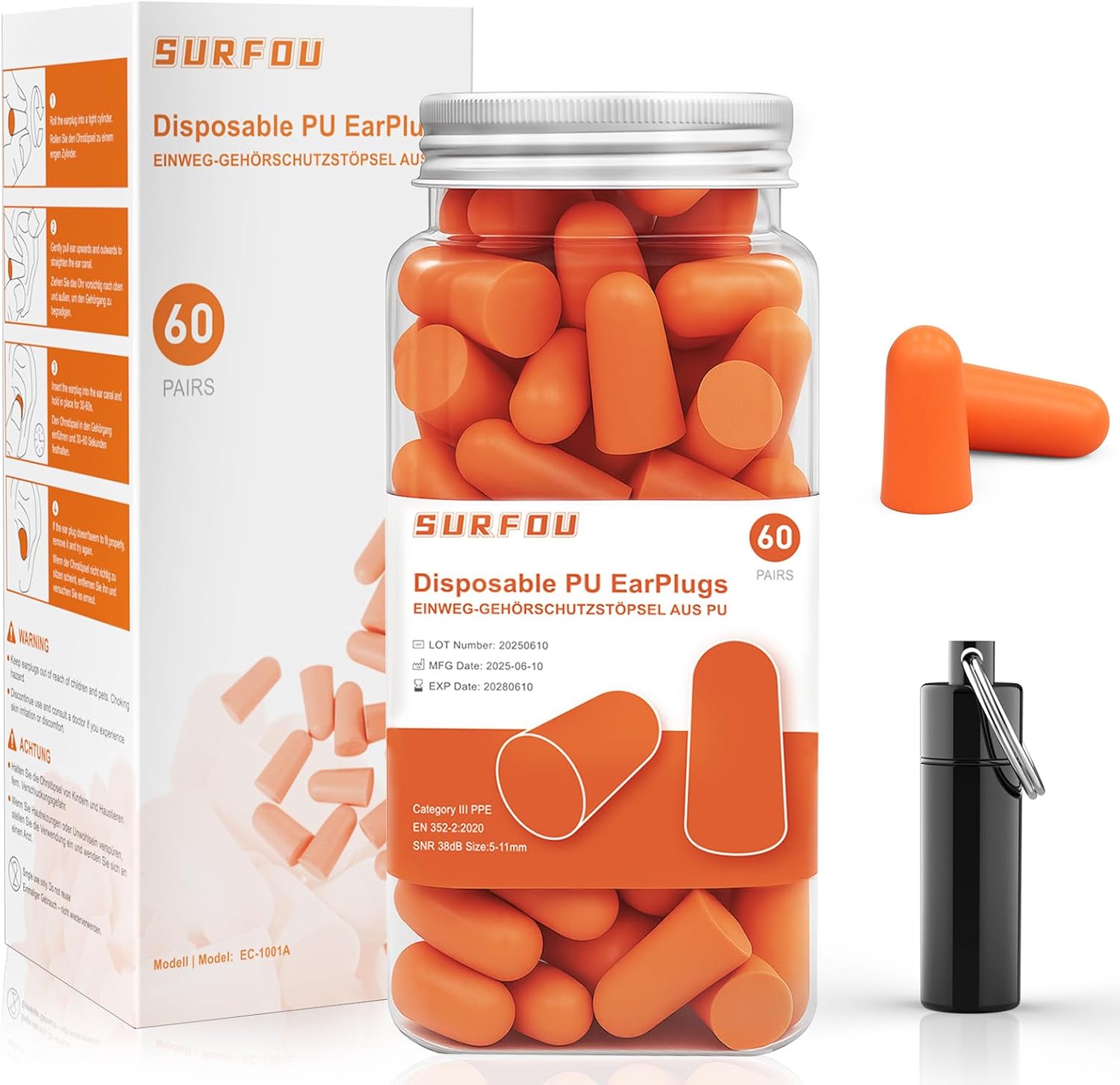 SURFOU Tampões de ouvido de ruído para dormir, 60 pares, redução 38 dB, reutilizáveis e ultra macias, ideais para pessoas que dormem de lado, viagens, casa e estúdio, laranja