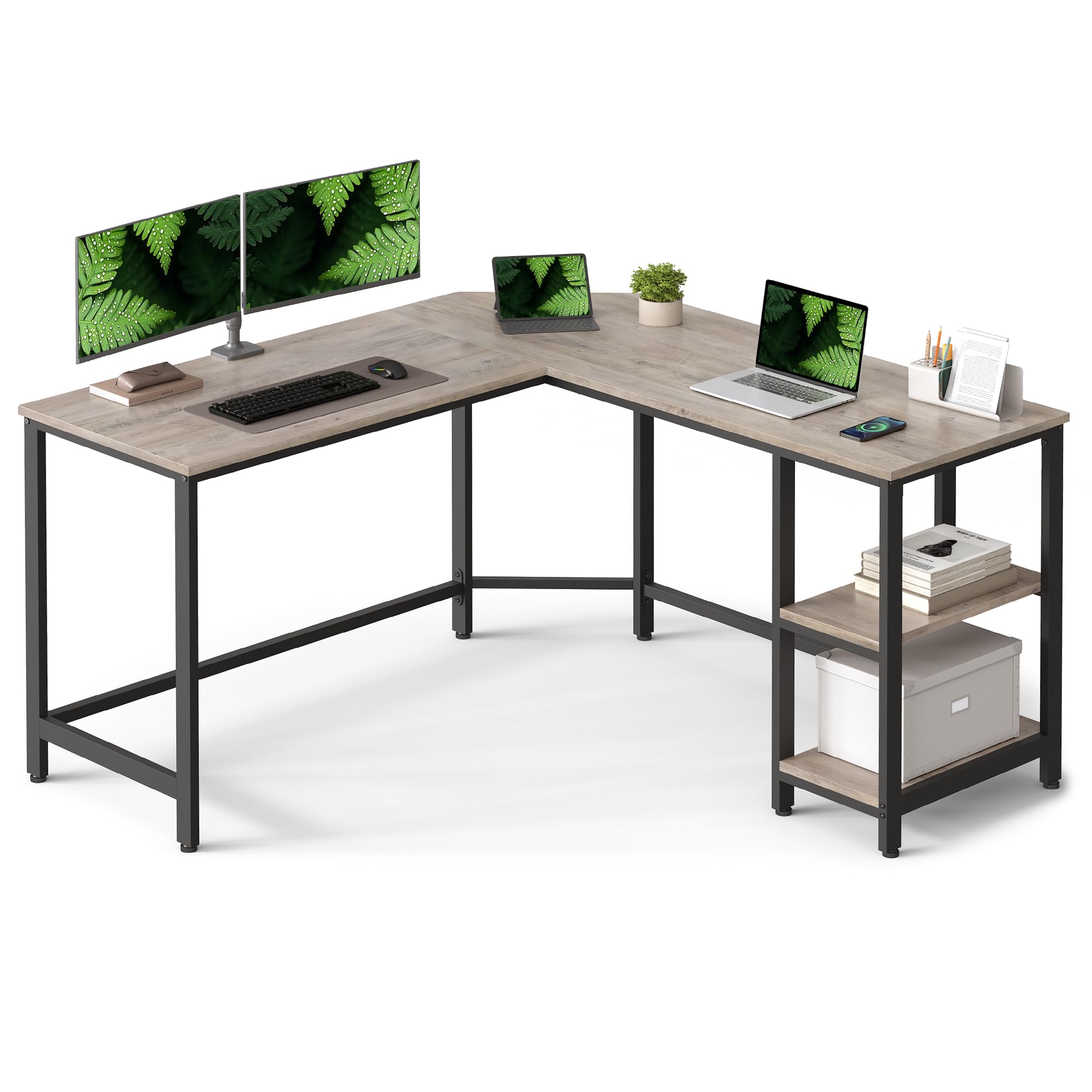 VASAGLE Secretária, mesa de computador em forma de L, 120 x 130 x 76 cm, esquina com 2 prateleiras, economiza espaço, para escritório casa, jogos, castanho rústico e preto tinta LWD123K01