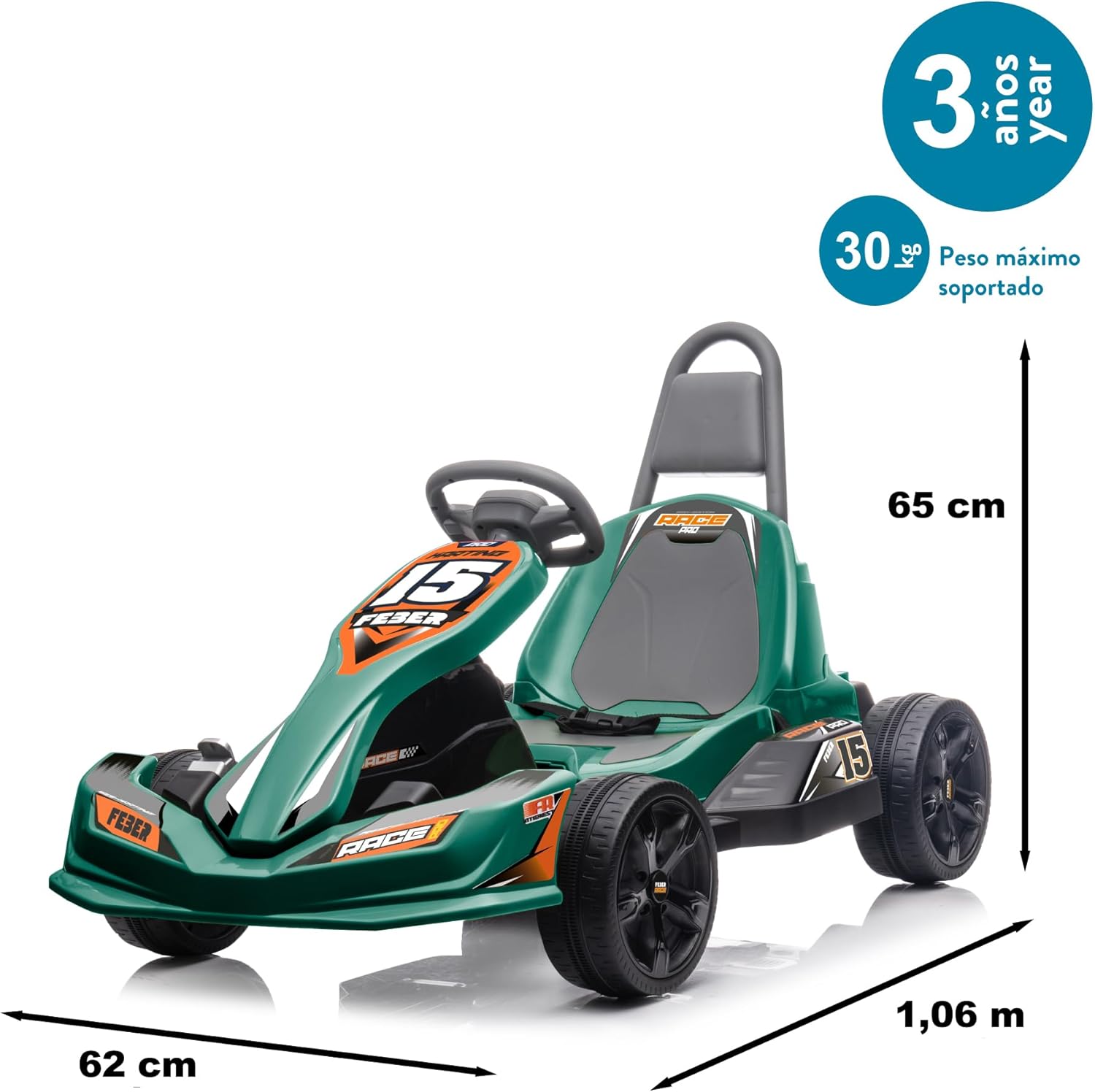 FEBER - GO Kart 12 V, Carro Kart infantil de fórmula 1, verde, estilo desportivo, 2 velocidades e entre 3 e 5 km/h, seguro para meninos e meninas de 3 a 5 anos, famosa (FEN15000)