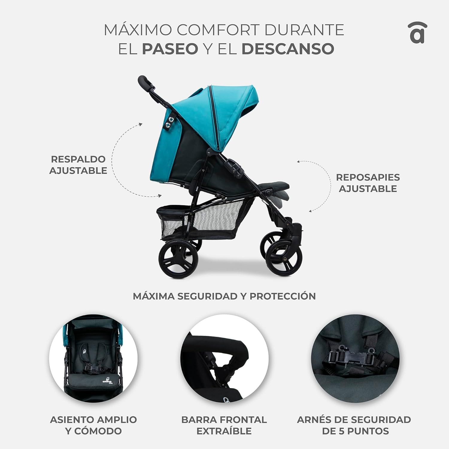 Asalvo CÁDIZ Cadeira de passeio ultra-leve, reclinável, capapta SPF50, arnês de 5 pontos, de 6 meses a 17 kg, cor petróleo