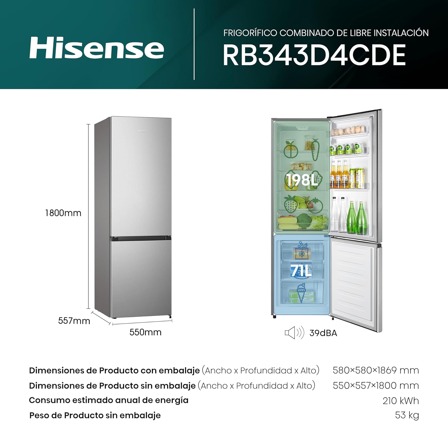 Hisense RB343D4CDE Frigorífico combinado cíclico, 269 l, classe E, largura 55 cm x altura 180 cm, porta reversível, abertura de portas de 90º, iluminação LED, gavetas frutas e legumes, grande