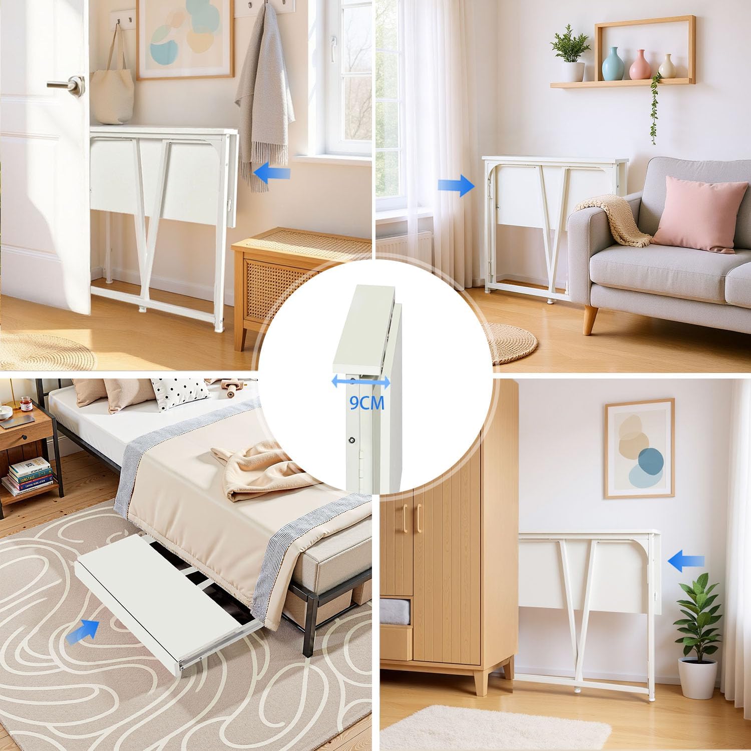 MEUBLE COSY Escritorio Plegable con Ruedas Mesa de Ordenador para Ahorrar Espacio Oficina Hogar Estudio, Estructura de Acero, Escandinavo, Montaje Sencillo, Blanco