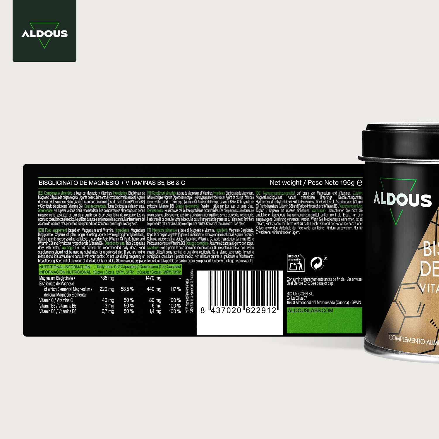 Bisglicinato de magnésio 200 cápsulas, vitamina C, B6, B5, magnésio alta biodisponibilidade, vitaminas para o cansaço e fadiga, ossos e articulações, músculos, glicinato, ALDOUS