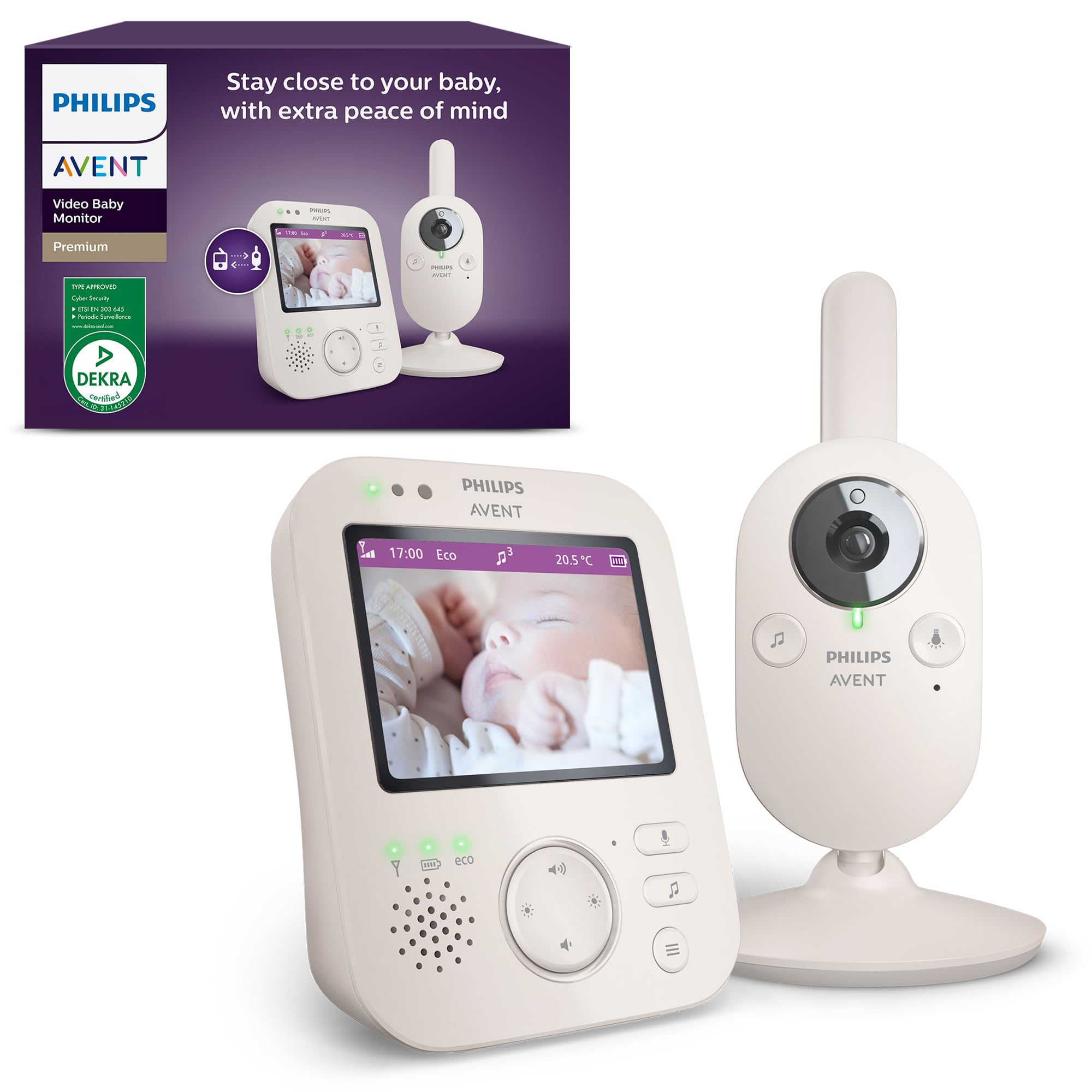 Philips Avent Vigilante para bebés com vídeo: Certificado DEKRA, privado e seguro com câmara e áudio, com ecrã de 2,8", Zoom 2X, visão noturna, áudio bidirecional e nanas, SCD881/26