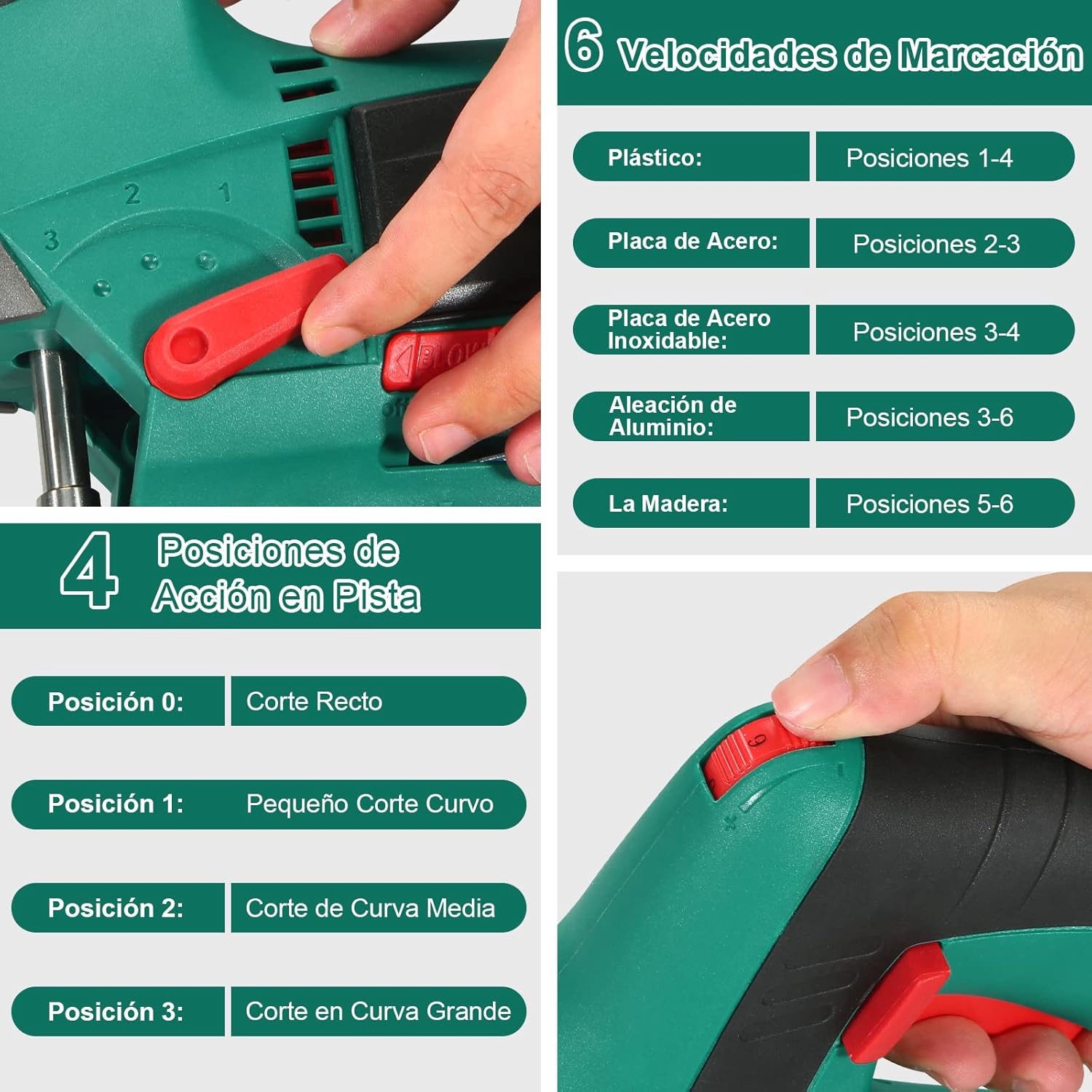HYCHIKA Sierra de Calar, 110mm, 800W 800-3000SPM, Velocidad Ajustable (1-6), 4 Modos de Corte, Corte -45º a 45º, Caja Magnética de Hoja, Cortar Madera Metal Plástico