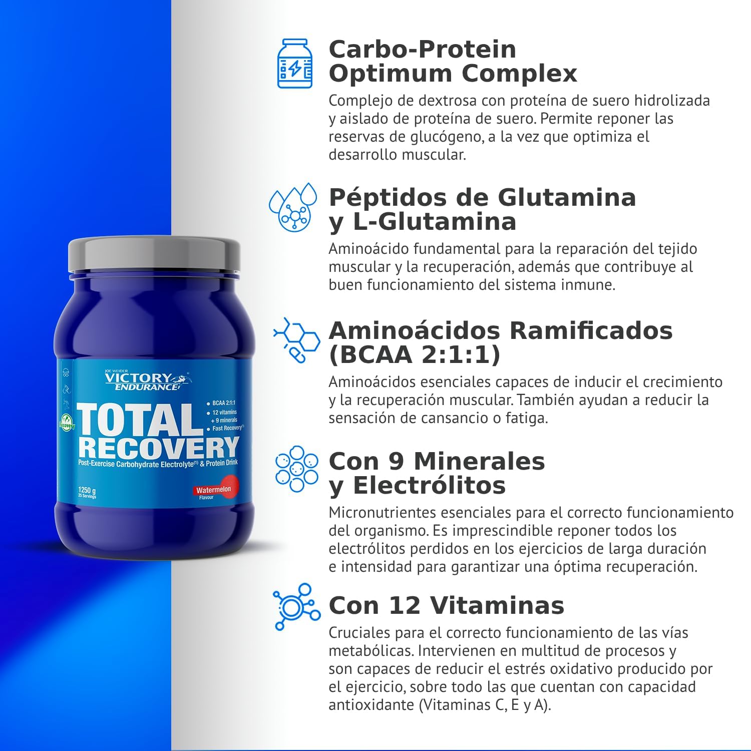 Victory Endurance Total Recovery (1250 g) sabor melancia, preparado para beber pós-treino de hidratos e proteínas, com BCAA 2:1:1, 12 vitaminas e 9 minerais, recuperação rápida