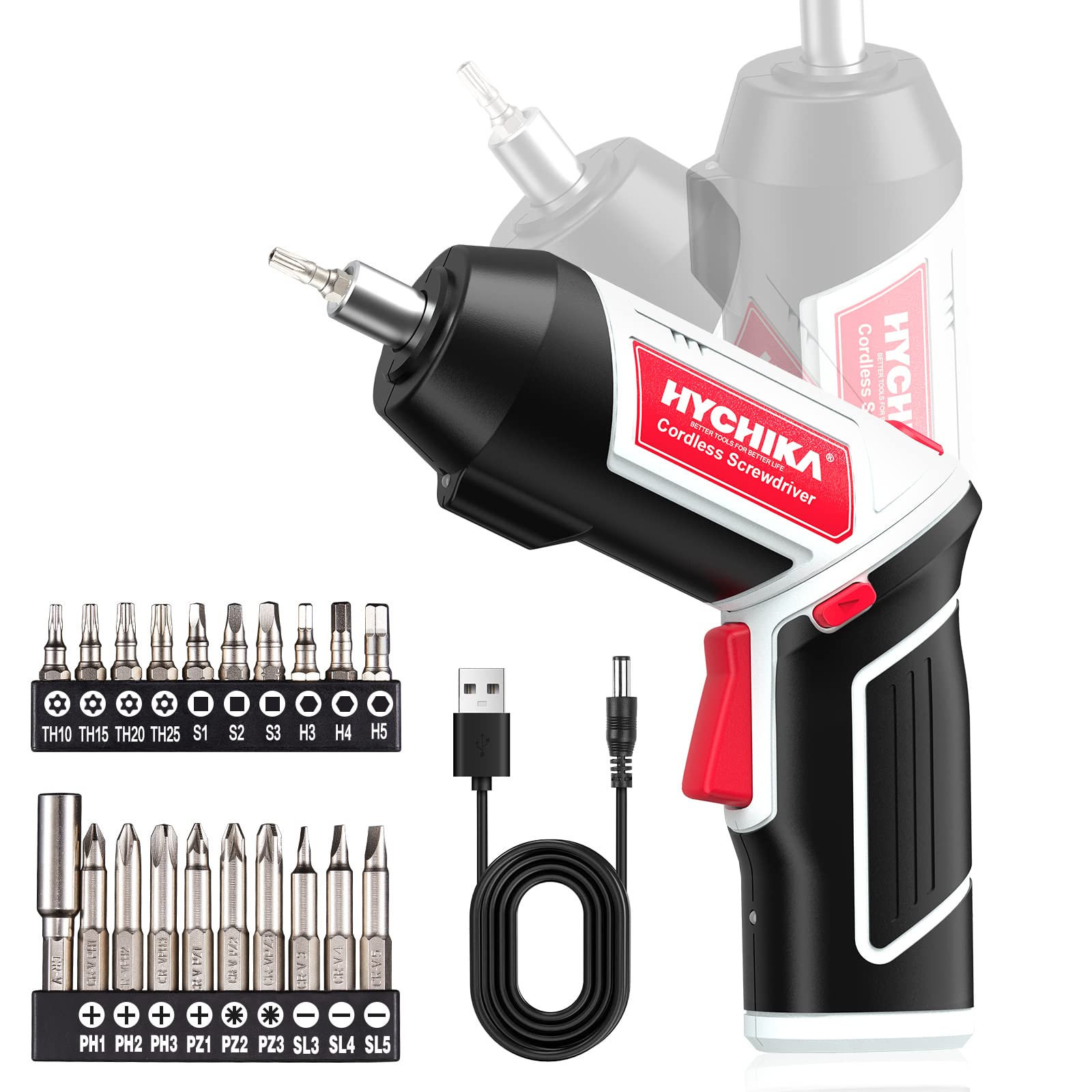 HYCHIKA Aparafusador elétrico de 6 N.m., chave de fendas sem fios (máximo torque de 6 N.m, 3,6 V, 2,0 Ah) lanterna de luz LED, chave dentada, carregador com cabo USB, 36 acessórios e estojo portátil