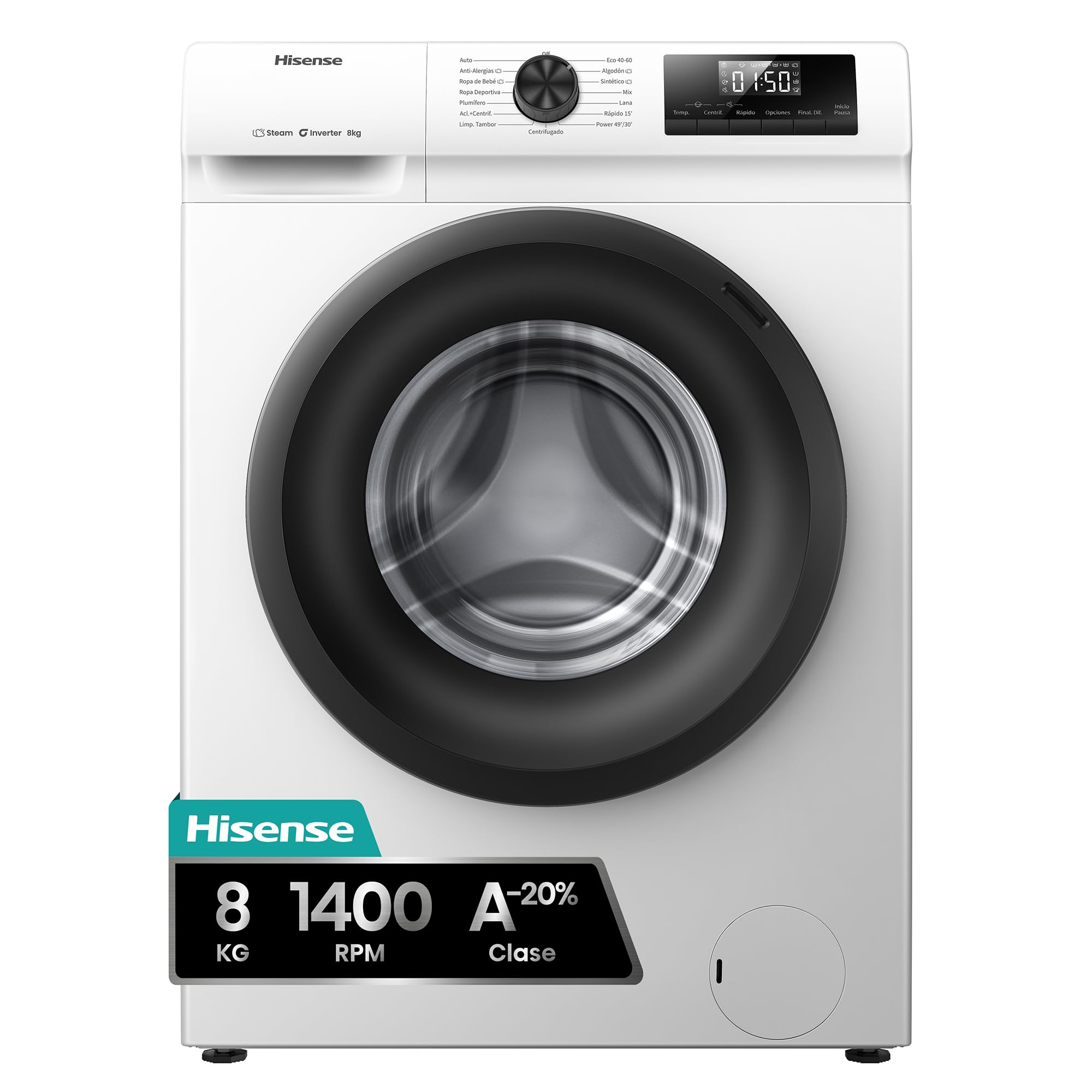 Hisense WF1Q8041BW2 - Máquina de lavar roupa, classe A, 8 kg, 1400 rpm, altura 85 cm x largura 60 cm, branco, função de vapor 99,9%, lavagem rápida, lavagem automática, conclusão diferida, Tecnologia